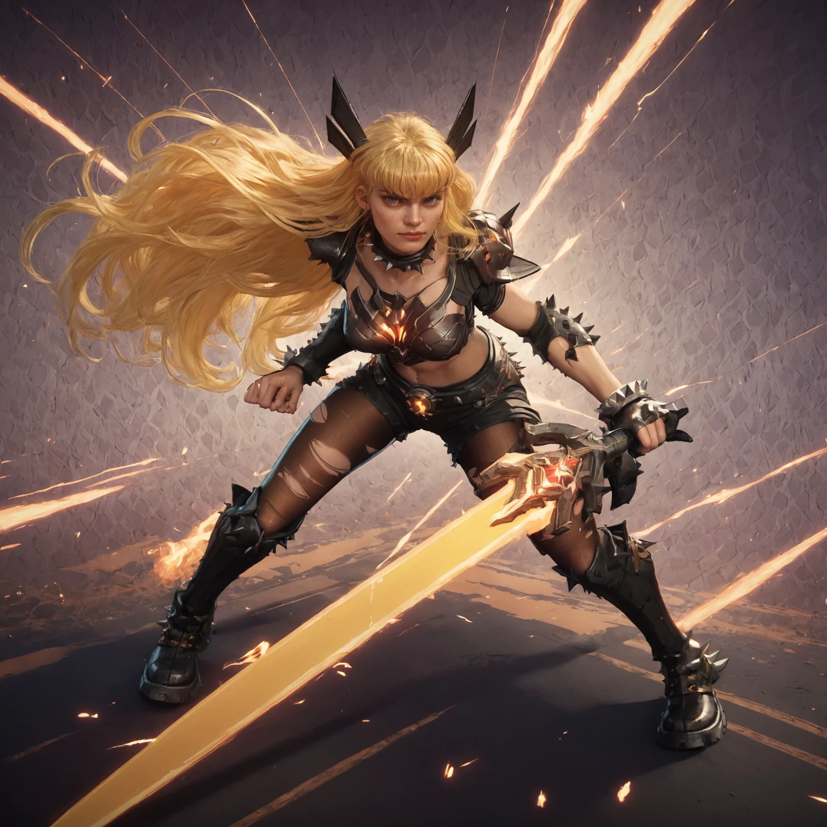 score_8,score_7,score_9,magikrivals,close-up,face,pov,1girl,blonde,long hair,bangs,chest armor,spiked collar,fight pose,spiked headband,on her knees,torn pantyhose,spiked boots,spiked gloves,beautiful background,detailed background,sword