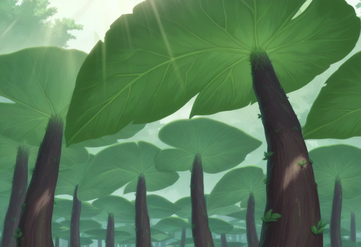 <lora:MiAbyss-IL-15:1> miabyss, forestoftemptation, leaf, plant, sunlight, tree, vines, giant leaf