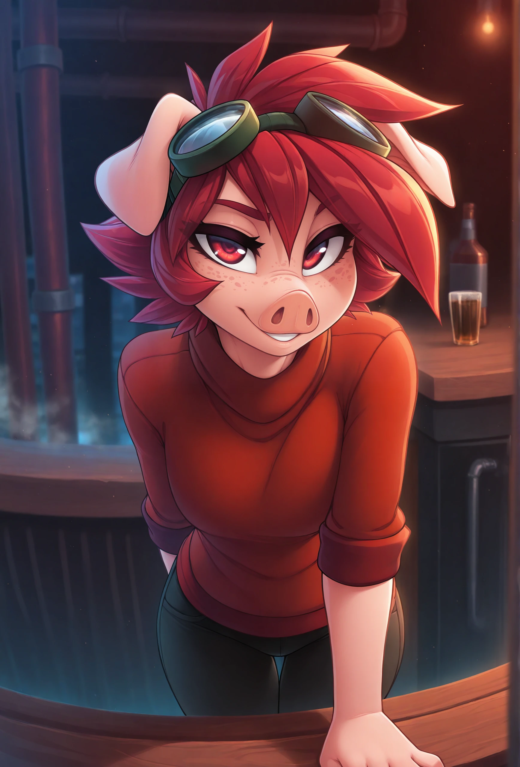 (masterpiece, best quality, very aesthetic, absurdres:1.2),  <lora:fluffkevlar_style_illustrious_v1.7:1>, fkstyle, 1girl, solo, furry, pig, red hair, red sweater, sleeves rolled up, goggles on head, freckles, red eyes, black pants, bar \(place\), industrial, steam, industrial pipe, alcohol, light particles, depth of field, looking at viewer, foreshortening, flipped hair, (red theme:1.2) red background