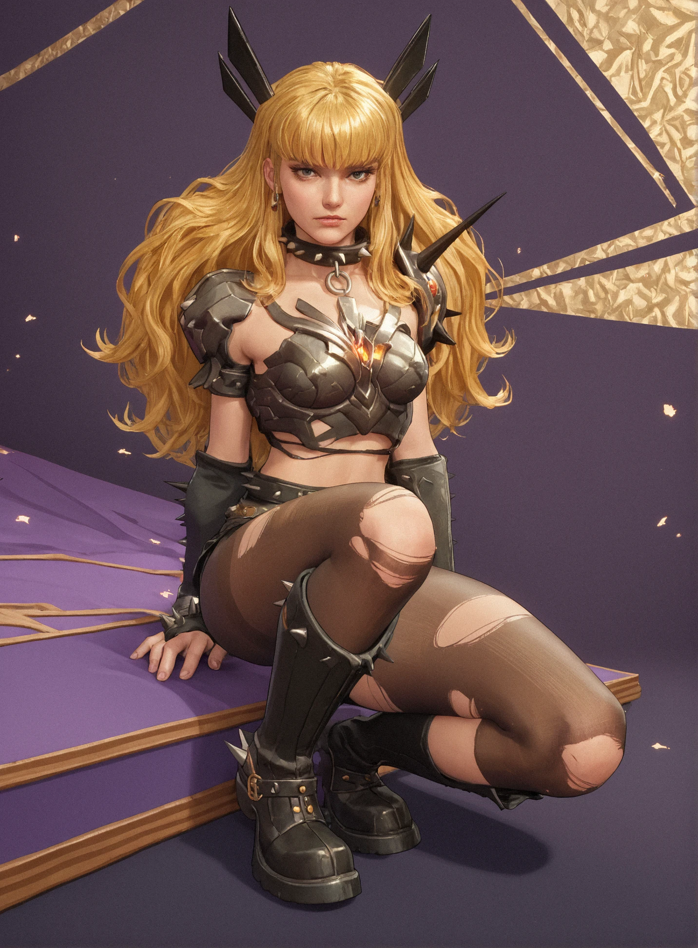 score_8,score_7,score_9,source_anime,close-up,magikrivals,1girl,blonde,long hair,bangs,chest armor,spiked collar,bedroom,spiked headband,on her knees,torn pantyhose,spiked boots,spiked gloves,beautiful background,detailed background