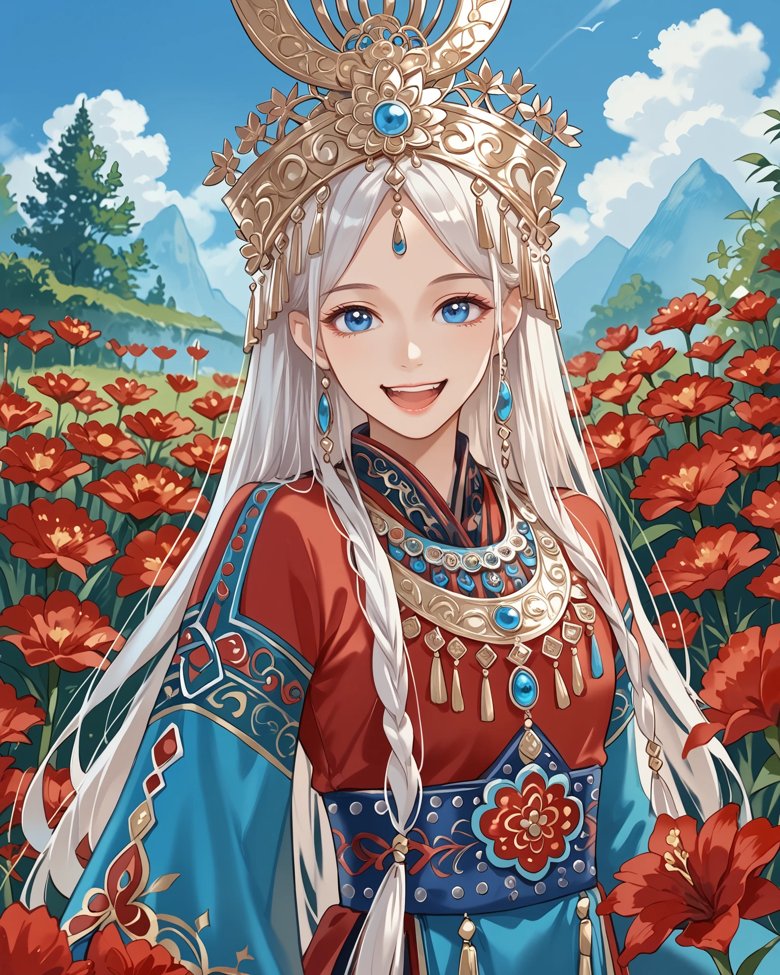 1girl, wearing miaofashion, miaofashion headdress, waist-up, ornate clothing, happy, long hair, red flowers, blue eyes, extremely detailed, digital art, masterpiece, absurdres, highest quality, score_9, score_8_up, score_7_up,  outdoors,  <lora:MiaoFashion_XL-000014:1>,