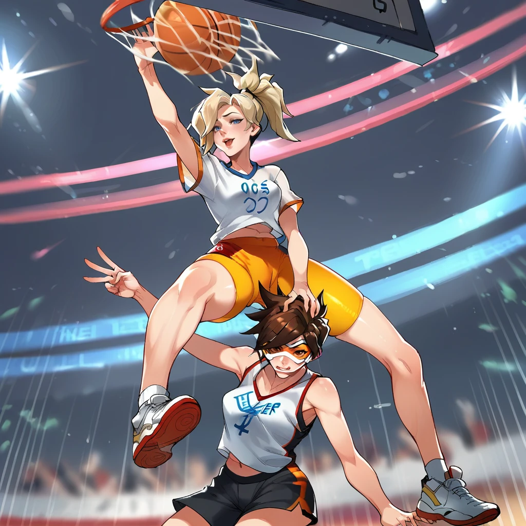 score_9, score_8_up, score_7_up, score_6_up, score_5_up, score_4_up, zPDXL2,source_anime,rating_questionable,  <lora:Venom_Dunk:0.8> v3nm, basketball (object), 2girls, Tracer Overwatch, Mercy Overwatch, sportswear, basketball uniform