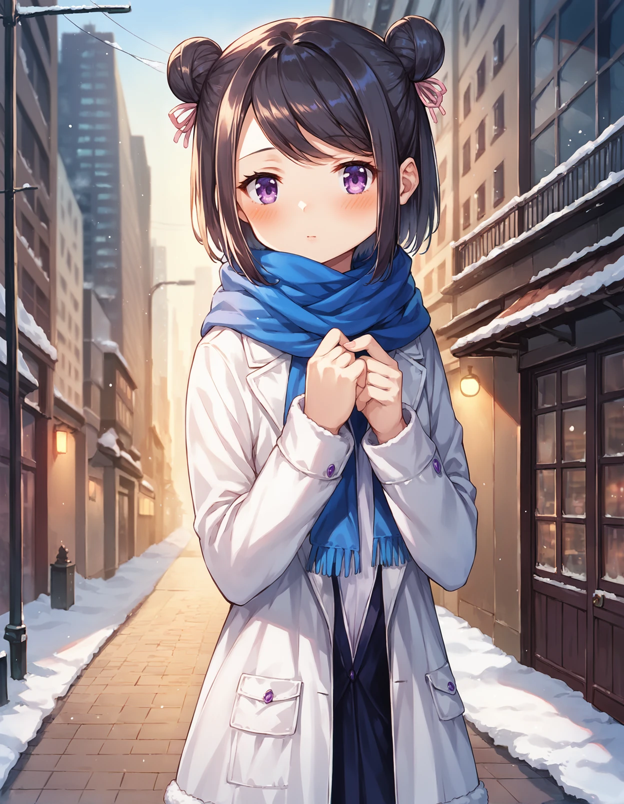 score_9, score_8_up, score_7_up, score_6_up, a girl in winter street in dynamic pose, source_anime, detailed, solo focus, colorful, 1girl, perfect lighting, upper body, medium shot, mgrckuroe, black hair, purple eyes, double bun, pink hair bows, white winter coat, blue scarf, hands on scarf, blush, outdoors, city, street, winter, snow, (side view:0.6), <lora:mgrckuroe_XL:0.9>