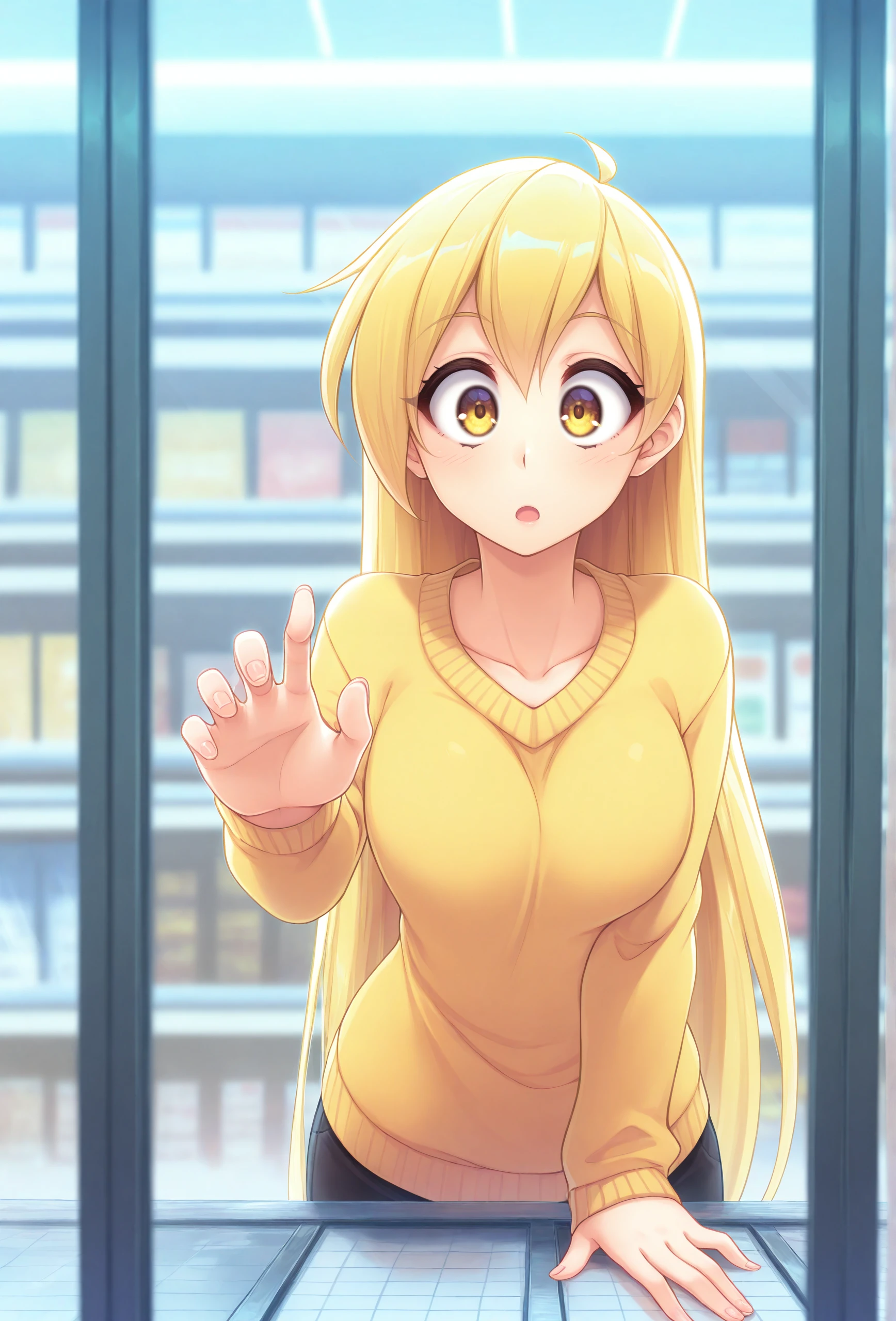 (masterpiece, best quality, very aesthetic, absurdres:1.0) <lora:fluffkevlar_style_illustrious_v1.7:1.3> fkstyle, 1girl, solo, human, yellow hair, yellow eyes, yellow sweater, very long hair, yellow theme, (yellow background:0.8), convenience store, foreshortening, surprised