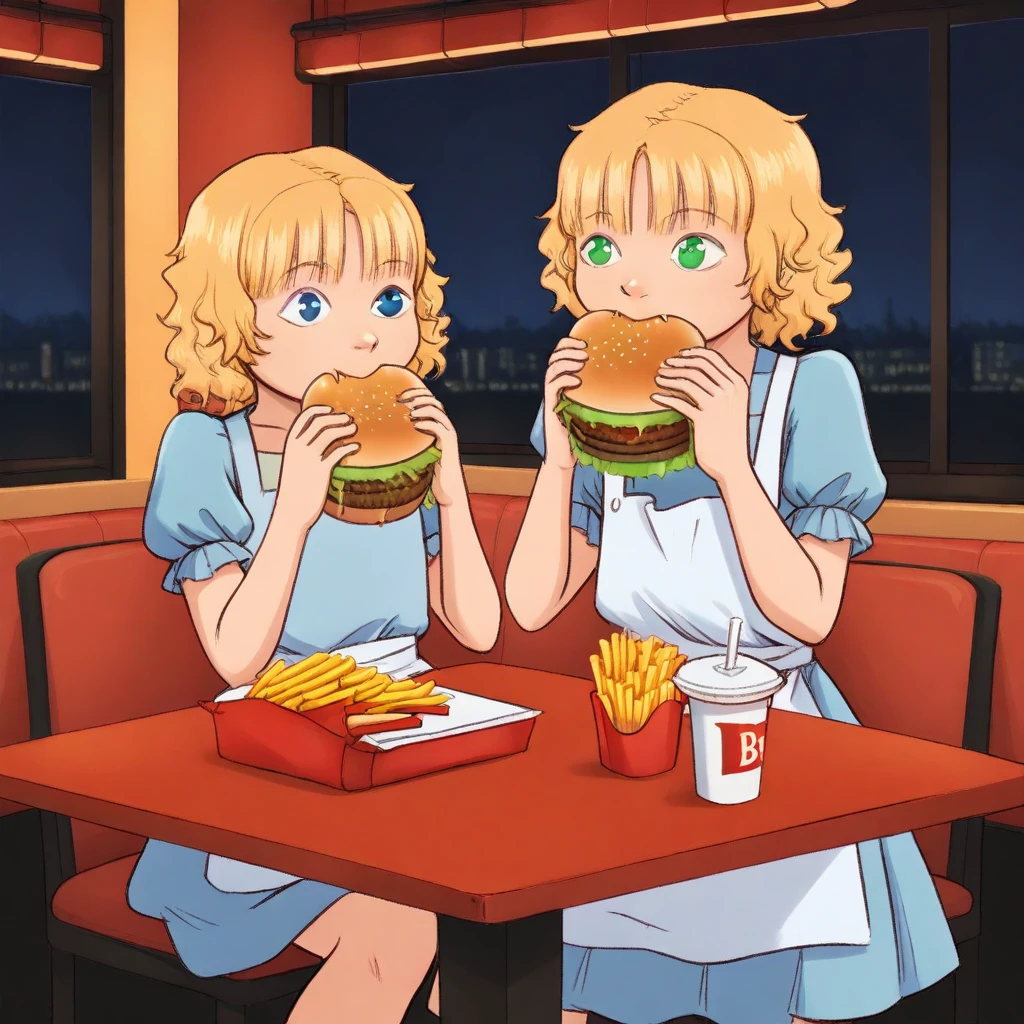 Riley-Davis, 1girl, burger, food, blue eyes, heterochromia, french fries, blonde hair, restaurant, solo, indoors, eating, blue dress, short sleeves, cup, puffy sleeves, holding, green eyes, short hair, holding food, puffy short sleeves, apron, dress, window, sitting, table, disposable cup, drinking straw, bangs, night, chair, wavy hair