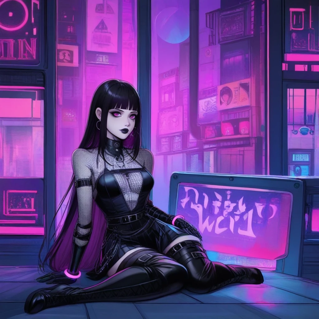 <lora:Gothic&Metal Girls-IL:1> gothmetalgs, dark fantasy style, digital painting, gothic blond, cyberpunk goth queen, low-life cabaret, dim neon lights, flickering red and purple hues, holographic signs in the background, mesh top, leather skirt, thigh-high boots, futuristic chokers, glowing bracelets, cybernetic arm, heavy black eyeliner, dark metallic lipstick, misty smoke-filled room, shady mysterious figures, surreal dystopian aesthetic, dramatic cinematic glow(Boris Vallejo)