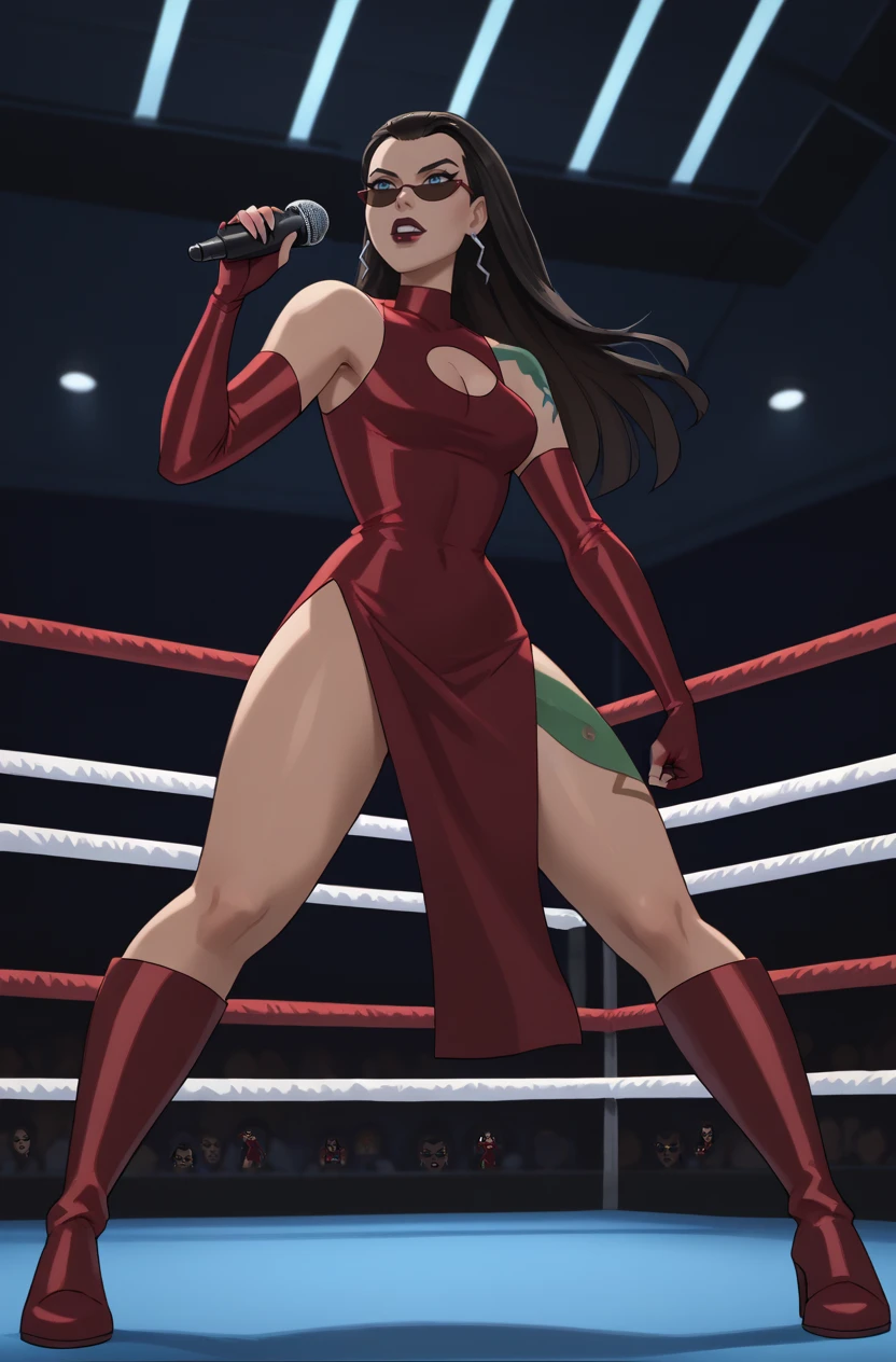 score_9, score_8_up, score_7_up, score_6_up, masterpiece, high quality, perfect face, perfect eyes, Roulette, 1girl, solo, black hair, blue eyes, long hair, red dress, cleavage cutout, detached sleeves, bare shoulders, sunglasses, shoulder tattoo, gloves, knee boots, thigh tattoo, fighting ring, microphone, holding microphone, dark interior, 
 <lora:JLURoulette-100reps:1>