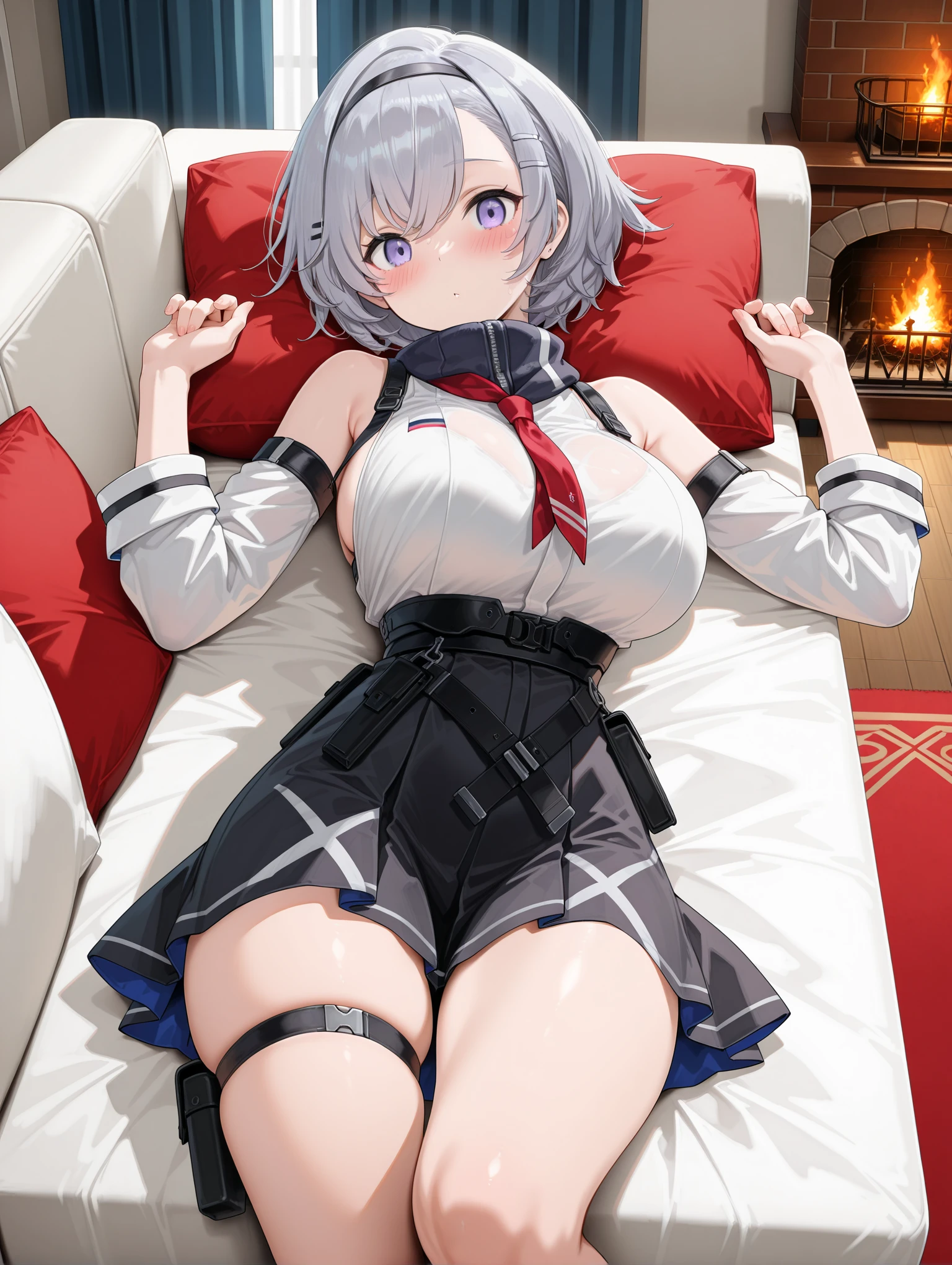 masterpiece,best quality,amazing quality,
solo,1girl,
<lora:reno_ilxl_v1:0.7>,reno,grey hair,purple eyes,hairband,hairclip,hair ornament,r_clothes,bare shoulders,detached sleeves,black skirt,thigh strap,skindentation,
<lora:Fixhands_anime_bdsqlsz_V1:1>,indoor,bedroom,bed,couch,fireplace,curtains,clothes_rack,blush,embarrass,on back,w_arms,bare hands,, masterpiece,best quality, very aesthetic, absurdres, ultra detailed, high resolution, 4k, extremely detailed CG,