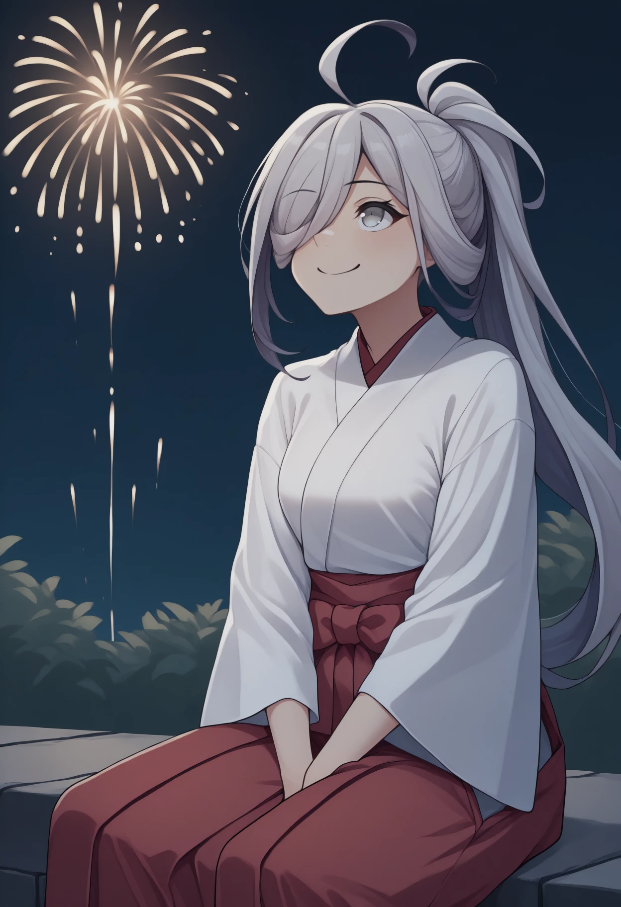 anime, masterpiece, best quality, <break> solo, 1girl, ashmdef, smile, closed mouth, looking up, v arms, long hair, multicolored hair, grey hair, ahoge, hair over one eye, ponytail, grey eyes, japanese clothes, white kimono, red hakama, hakama skirt, outdoors, night, fireworks
<segment:yolo-Anzhc Face seg 640 v2 y8n.pt,0.4,0.5//cid=1>