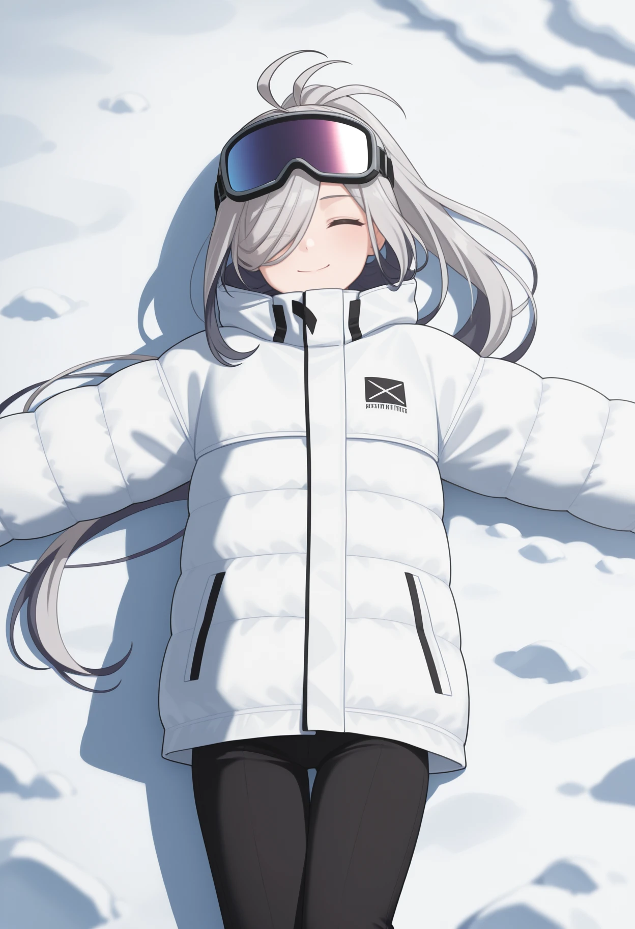 masterpiece, best quality, <break> solo, 1girl, ashmdef, smile, closed mouth, lying, on ground, on back, spread arms, legs together, long hair, multicolored hair, grey hair, ahoge, hair over one eye, ponytail, ski goggles, goggles on head, closed eyes, white jacket, down jacket, long sleeves, black gloves, black pants, outdoors, snow, nature, shadow
<segment:yolo-Anzhc Face seg 640 v2 y8n.pt,0.4,0.5//cid=1>