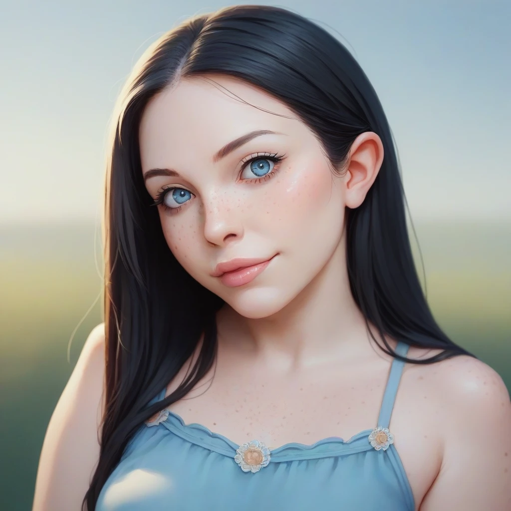 score_9, score_8_up, score_7_up, score_6_up, 1girl, marinamui, bust portrait, long straight hair, black hair, blue eyes, dress, looking at viewer, pale skin, freckles, simple background, outdoors,<lora:Pony.marinamui_v01:.8>