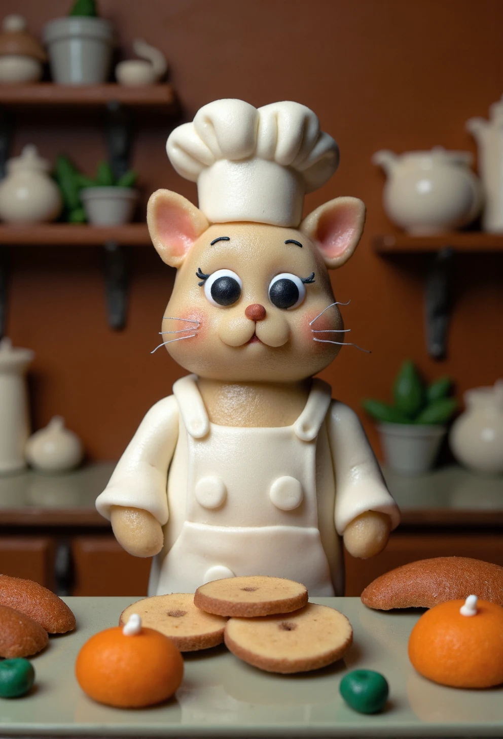 <lora:ck-marzipan-crafter-000019:1>, made out of ck-mrzpn, fluffy cat dressed as a chef, wearing a white apron and a tall chef’s hat, standing at a cozy, vintage kitchen counter, christmas vibes, crafted from intricate marzipan