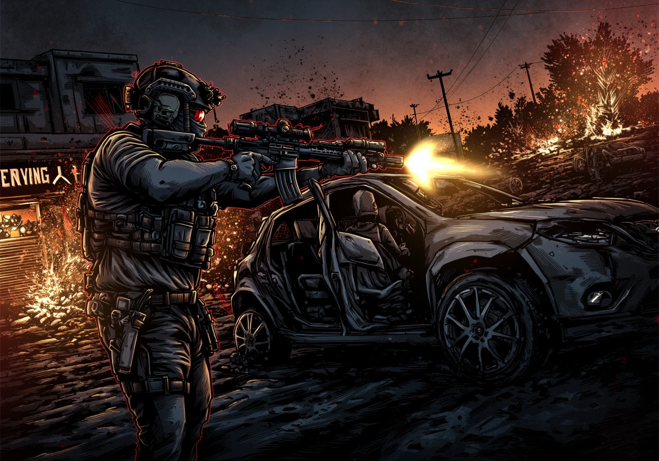 BPRE art of an operator firing his tactical carbine, he wears a high cut helmet and tactical chest rig, he is fighting from behind a destroyed car, a burning city store front in the distance and explosions under heavy fire, in a destroyed city in an intense combat scene at night<lora:BPRE-000013.safetensors:1.0:1.0>