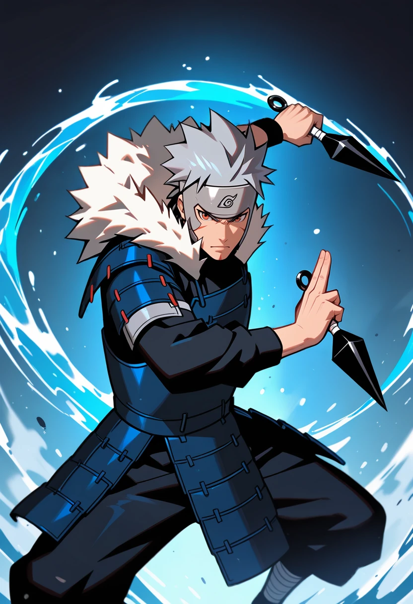 (masterpiece), (best quality), 1boy, <lora:Tobirama_Senju:0.8> tbrm_nrt, forehead protector, fur trim, japanese armor, fighting stance, hydrokinesis, holding kunai, masterpiece, best quality, absurdres, highly detailed, raytracing, masterwork, masterful composition, dynamic movement