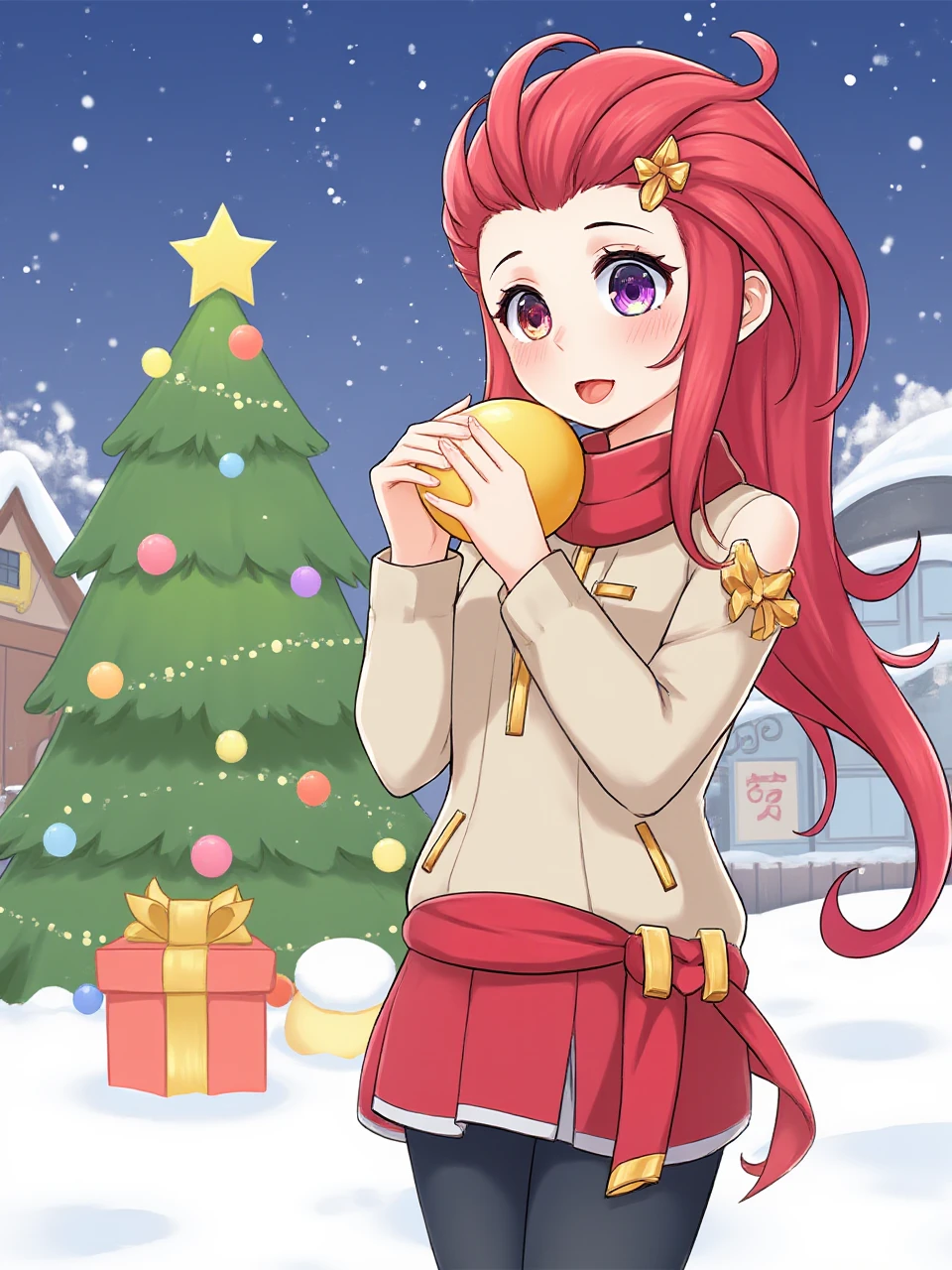 1girl,zoe,heterochromatic pupil,yellow and red hair,city,Christmas tree,gifts,snow,sweater