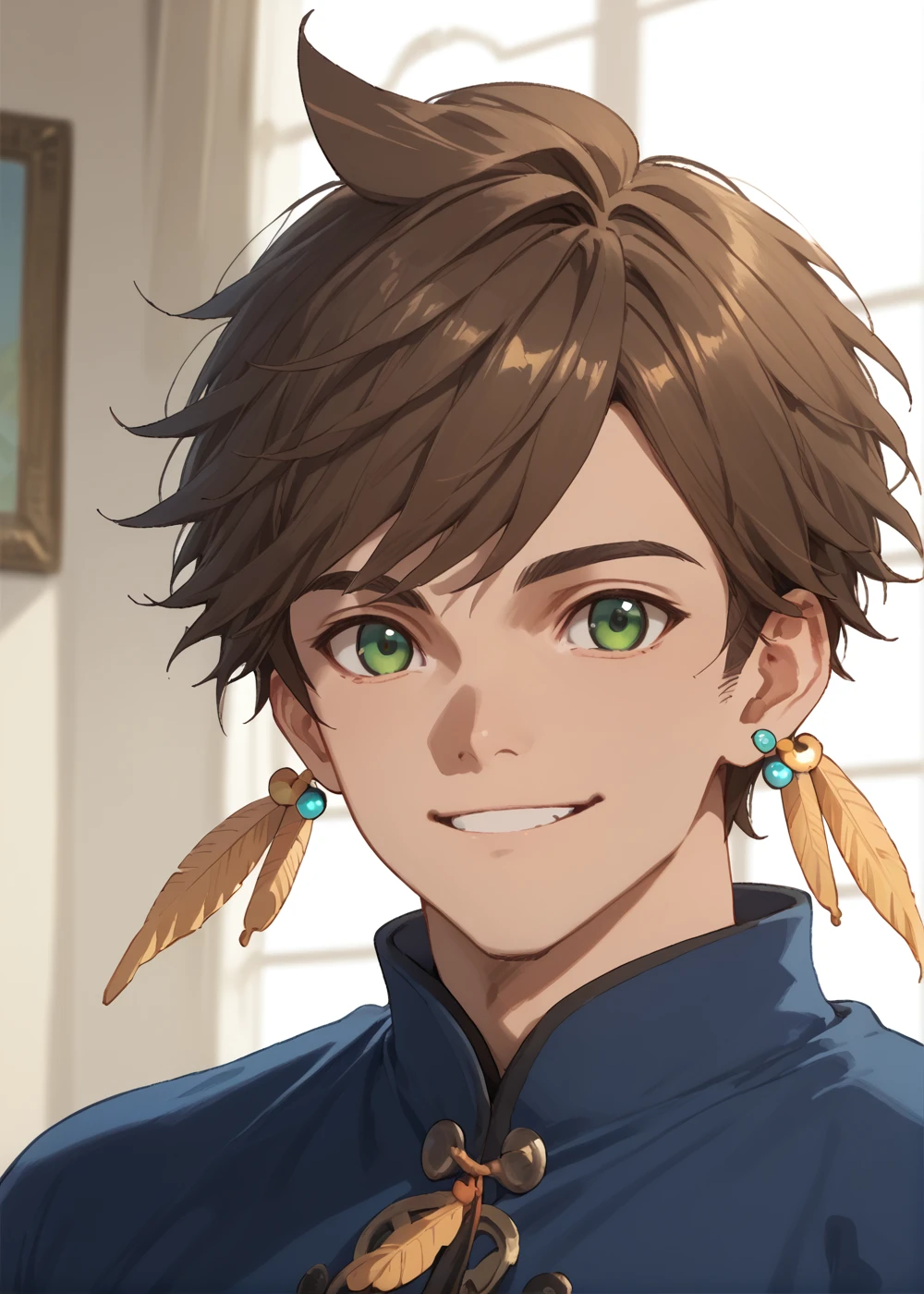 score_9, score_8_up, score_7_up, score_6_up, score_5_up, score_4_up, best quality, masterpiece, 
<lora:Sorey:1> sorey, solo, brown hair, 1boy, jewelry, green eyes, male focus, earrings, smile, looking at viewer, blue shirt, feather earrings