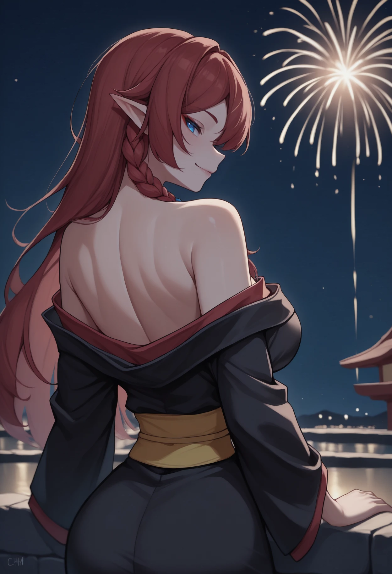 anime, masterpiece, best quality, <break> from behind, solo, 1girl, ch4sca, smile, looking back, long hair, red hair, side braid, pointy ears, blue eyes, japanese clothes, black kimono, off shoulder, yellow sash, bare shoulders, outdoors, night, fireworks
<segment:yolo-Anzhc Face seg 640 v2 y8n.pt,0.4,0.5//cid=1>