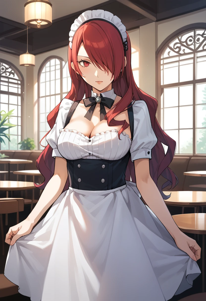 score_9, score_8_up, score_7_up, (source_anime), 1 girl, solo,
kirijodef, mitsuru, p3mitsuru,
Kirijou Mitsuru, maid dress, hair over one eye, long hair, cleavage, broad lighting, indoors, cafe, cowboy shot 
masterpiece, best quality, ultra detailed, absurdres, very aesthetic