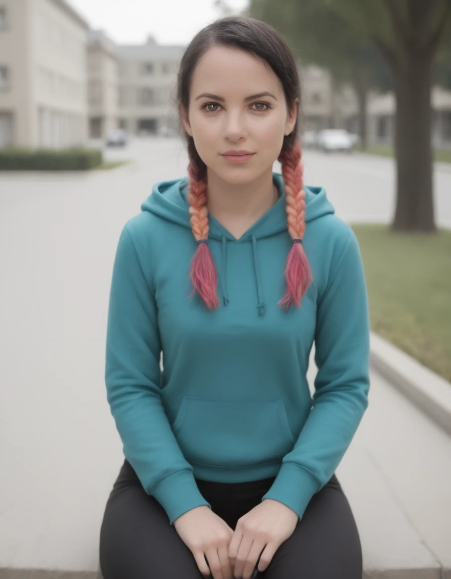 a professional absurdres raw intricately detailed sharp focus close up full torso photograph of beautiful Delaney_Tabron, 
A woman sits on a chez lounge in a park on 3rd street, dressed in a simple random-colored hoodie and dark swirly leggings. Her random-colored multicolored hair is styled in a sleek braided ponytail. 
<lora:Delaney_Tabron-PDXL:1>