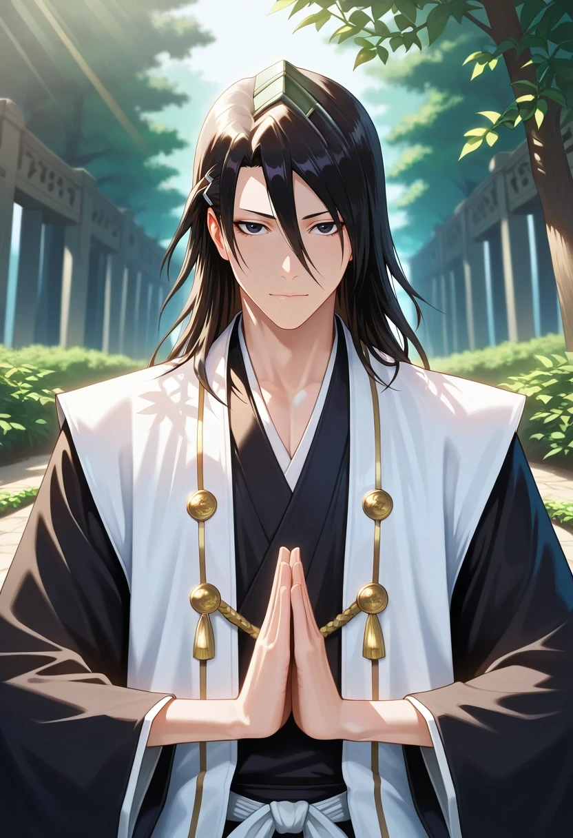 masterpiece, best quality, intricate details, semi-realistic, looking at viewer, depth of field, 1boy, solo, male focus, <lora:byakuya_kuchiki_ilxl:0.96>, byakuya_kuchiki, black hair, black eyes, , hair between eyes, , jungle sanctuary, tree temples, vine paths, leaf gardens, meditation pose, peaceful expression, filtered sunlight, decade costume