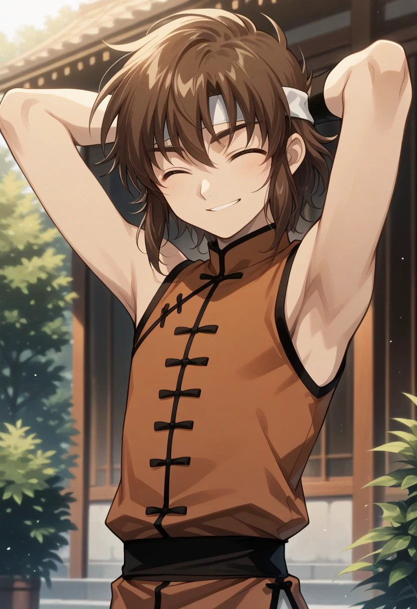 masterpiece, best quality, 
ryutsub, 1boy, male focus, solo, brown hair, medium hair, closed eyes, headband, white headband, chinese clothes, shirt, orange shirt, sleeveless, wristband, smile, , hands behind head,
outdoor