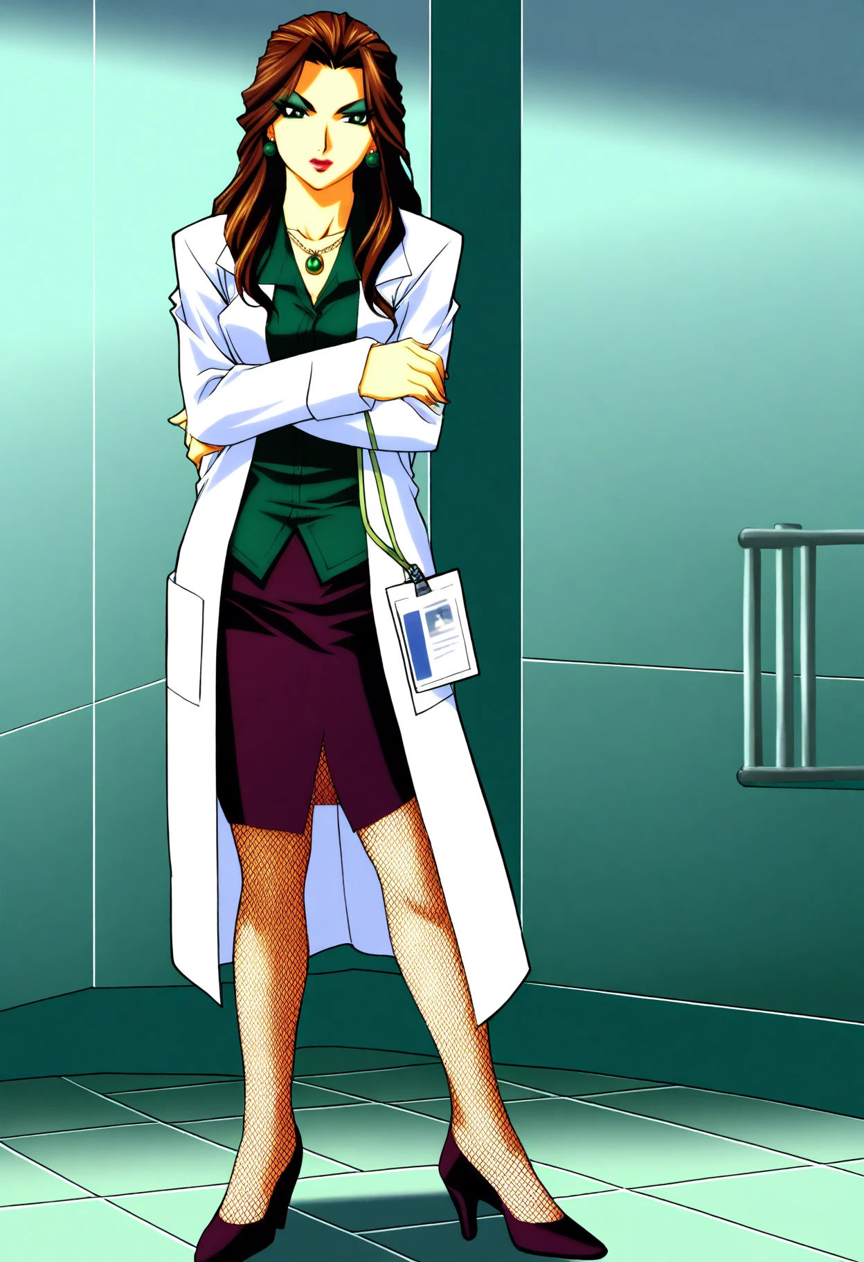 masterpiece,best quality,high quality,(aozora kyuuji,old,2005:0.75),1girl,Francesca1SPZ, <lora:FrancescaIllustrious:0.95>,(solo:1.3),long hair,brown hair,green eyes,lab coat,green shirt,pencil skirt,necklace,high heels,earrings,jewelry,makeup,green eyeshadow,fishnet pantyhose,id card,standing,full body,indoors,facing viewer,crossed arms,laboratory,tiles,chemical tanks