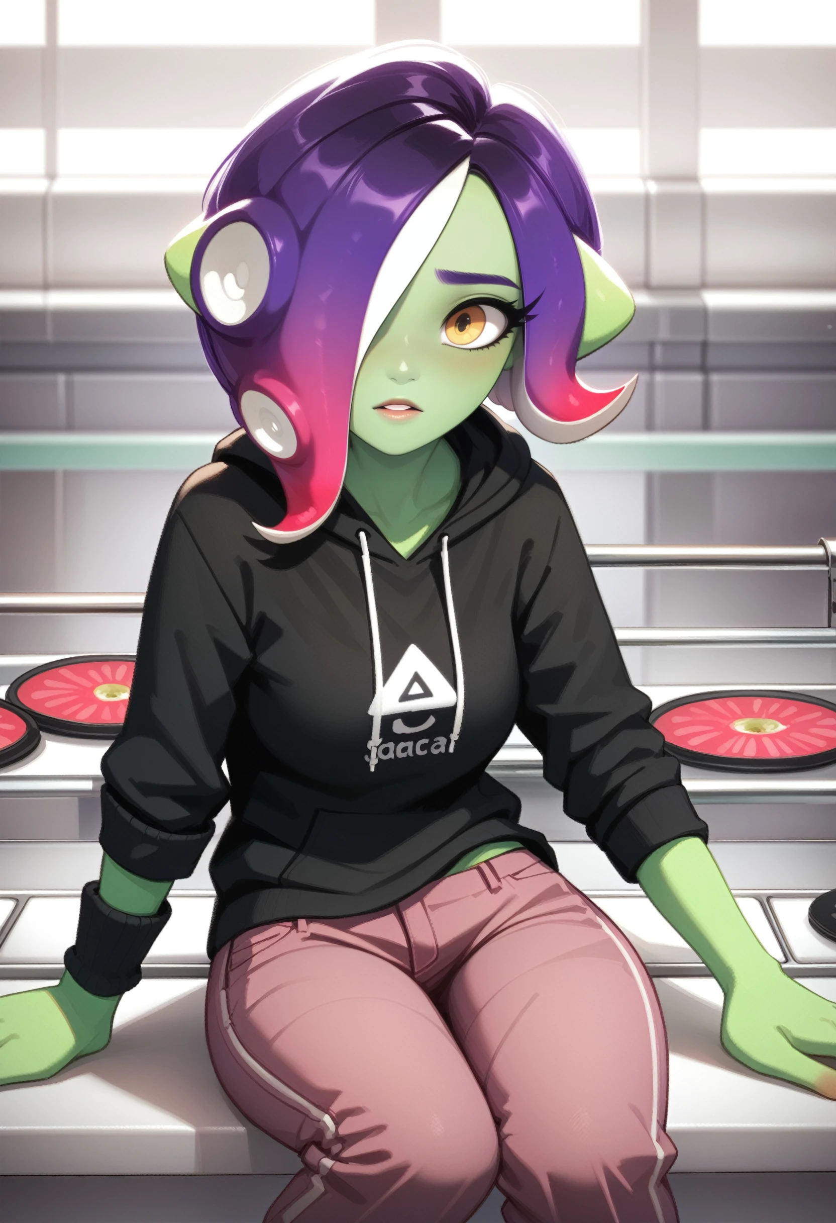 zPDXL3, score_9, score_8_up, score_7_up, score_6_up, score_5_up, score_4_up, 
1girl, solo, medium breasts, ass visible through thighs, 
parted lips, balancing,
hoodie, pants rolled up,
oasis,
<lora:Splatoon - Acht v1:1> splat-acht, green skin, gradient hair, purple hair, suction cups,