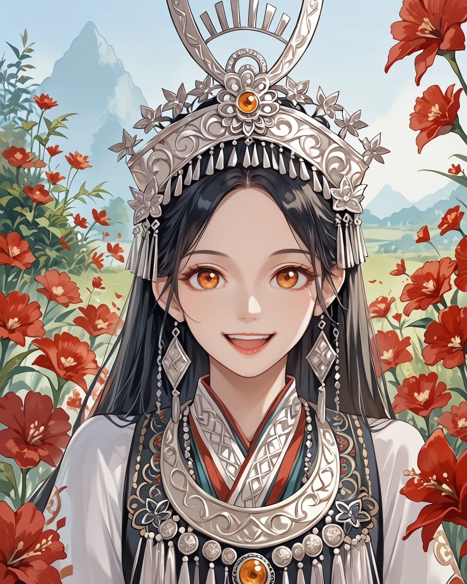 1girl, wearing miaofashion, miaofashion headdress, waist-up, ornate clothing, happy, long hair, black hair, red flowers, amber eyes, extremely detailed, digital art, masterpiece, absurdres, highest quality, score_9, score_8_up, score_7_up,  outdoors,  <lora:MiaoFashion_XL-000014:1>, silver jewelry