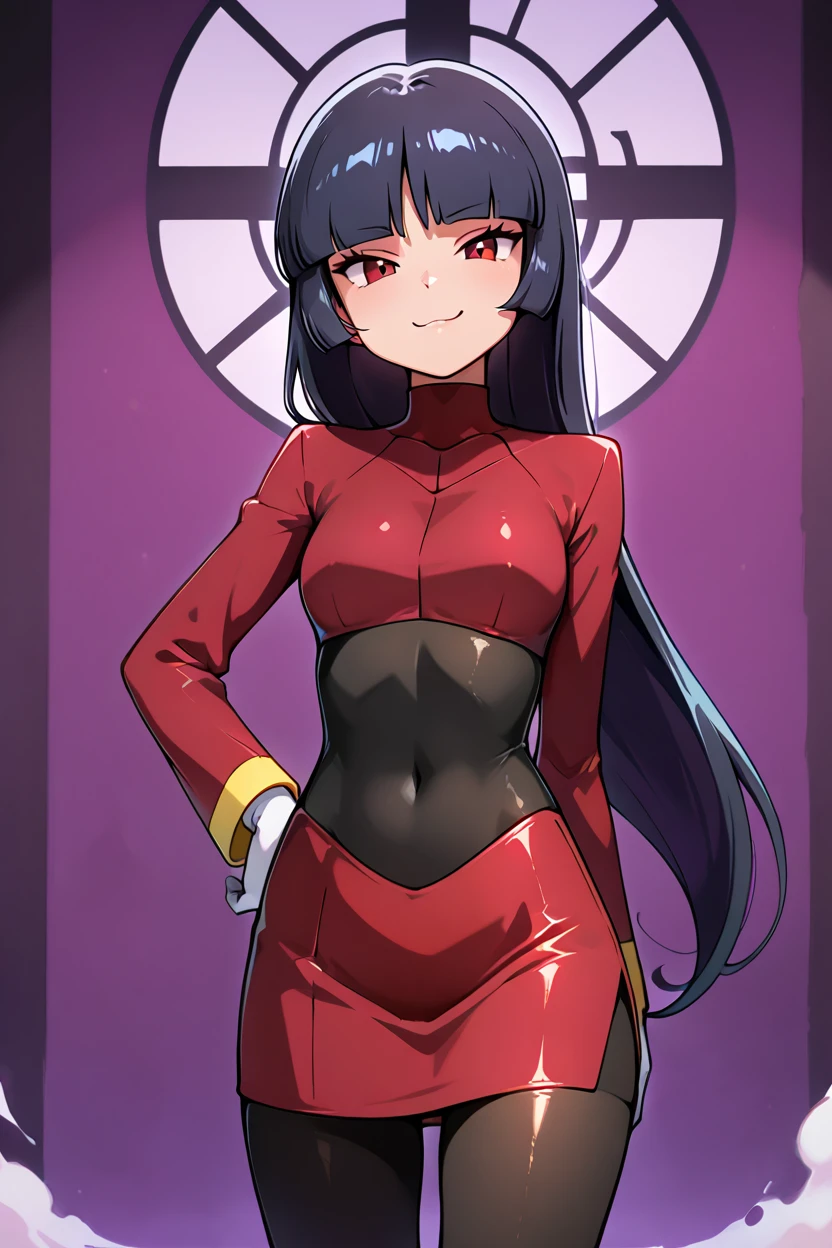 masterpiece, best quality, zzSabrina, red eyes, long hair, blunt bangs, sabrina (pokemon), purple hair, pantyhose, black hair, long sleeves, red skirt,  white gloves, black bodysuit, <lora:SabrinaPokemonIXL:1.0>, cowboy shot, hand on hip, smug, smile, looking at viewer, shiny skin,