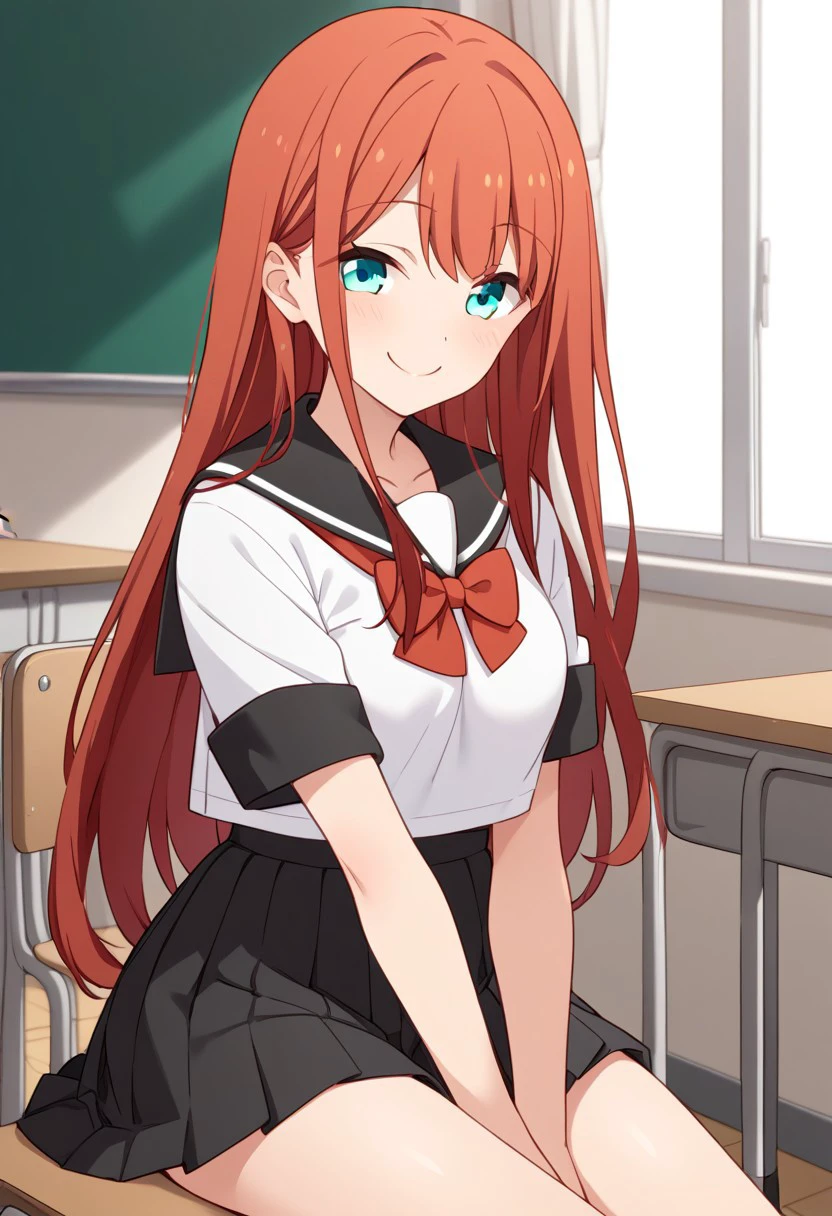 score_9,score_8_up,score_7_up, source_anime, solo, Minagawa yuki, red hair, long hair, aqua eyes, Serafuku, school uniform, white shirt, red bow, short sleeves, black skirt, pleated skirt, smile, closed mouth, perfect breast, sitting, classroom, perfect anatomy