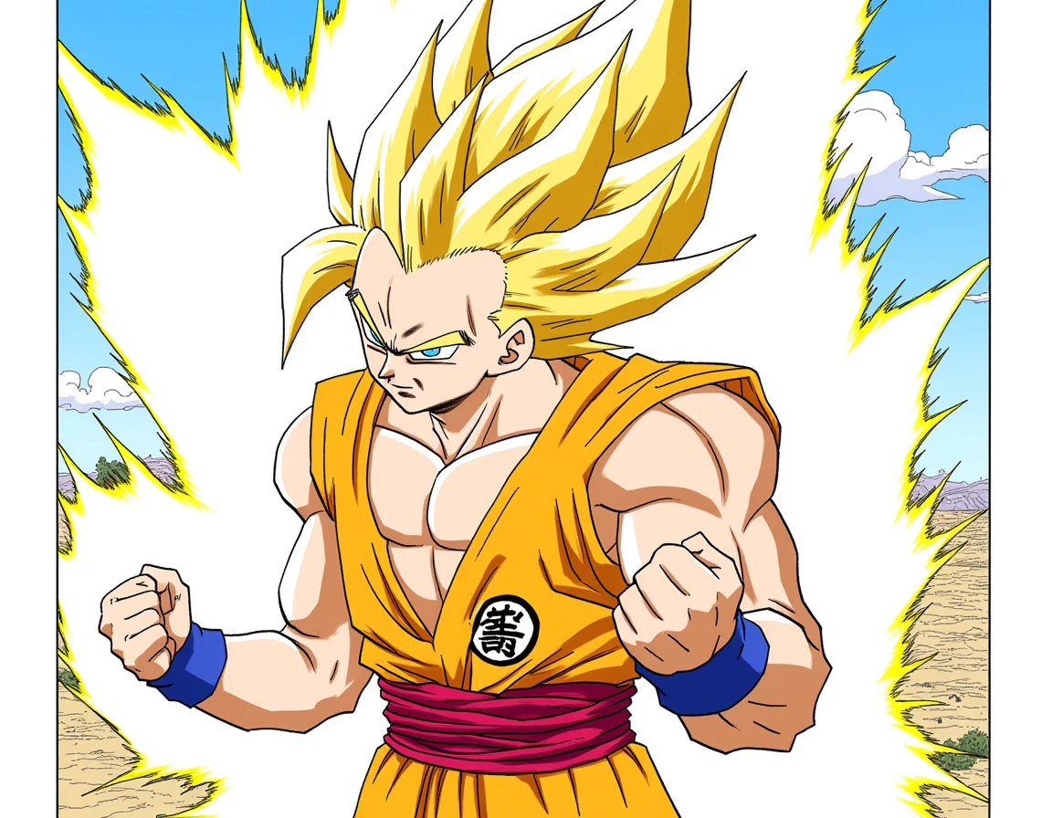 Gohan, in his super saiyan form, gold hair, ki energy, fight stance, in the manga style of ToriYa-Cell-Flux, a landscape, <lora:ToriYa-Cell-Flux:1>