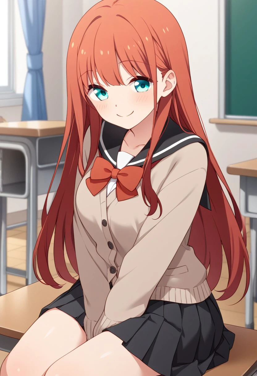 score_9,score_8_up,score_7_up, source_anime, solo, Minagawa yuki, red hair, long hair, aqua eyes, Serafuku, cardigan, long sleeves, red bow, skirt, pleated skirt, smile, closed mouth, perfect breast, sitting, classroom, perfect anatomy