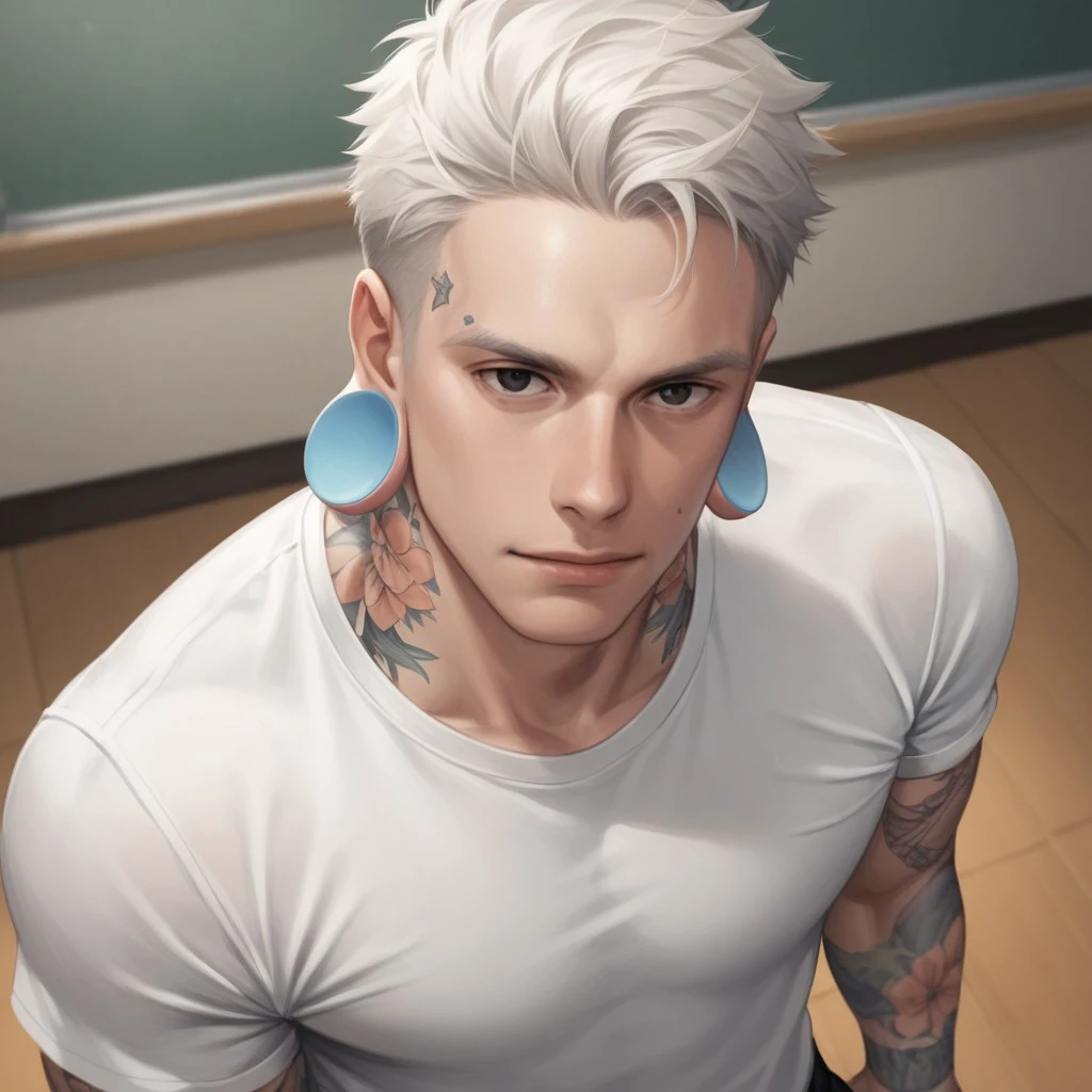 score_9, score_8_up, score_7_up, 1boy, solo, masterpiece, male, black eyes, handsome, white hair, big stretched ears, (huge blue ear plugs), jock, muscular, sporty, from angle, neck tattoos, classroom