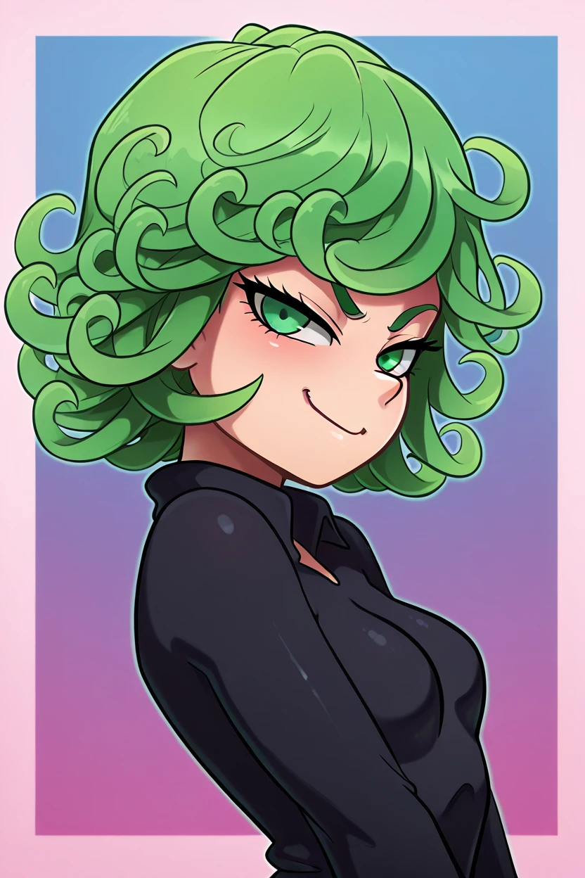 masterpiece, best quality, zzTatsumaki, green eyes, green hair, black dress, smile, smug, <lora:TatsumakiIXL:1.0>,  <lora:theOtherHalfIXL_v2:1.0>,upper body, side view, smile, looking at viewer, shiny skin,