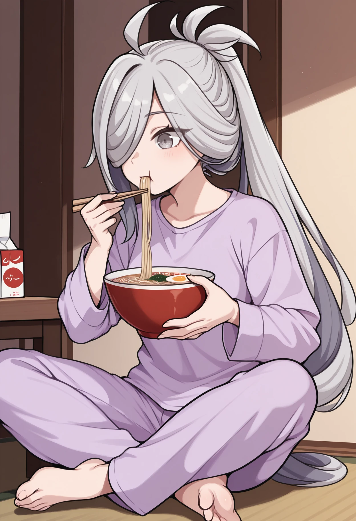 masterpiece, best quality, <break> solo, 1girl, ashmkaini, eating, looking at food, sitting, indian style, holding bowl, ramen, holding chopsticks, long hair, multicolored hair, grey hair, ahoge, hair over one eye, ponytail, grey eyes, pajamas, purple shirt, long sleeves, purple pants, barefoot, indoors, east asian architecture, table, juice box
<segment:yolo-Anzhc Face seg 640 v2 y8n.pt,0.4,0.5//cid=1>