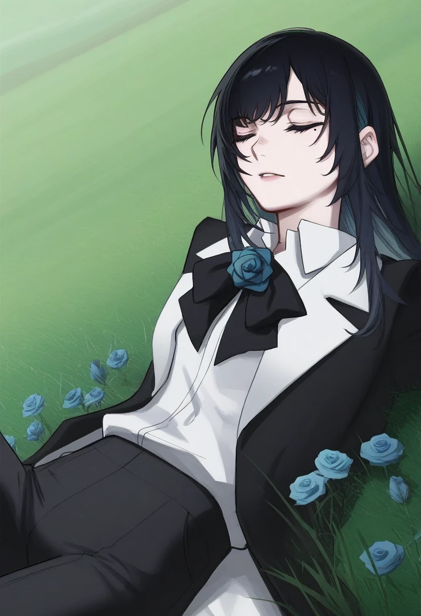 1girl, solo, chando, long hair, flower brooch, blue eyes, mole under eye, blue hair, multicolored hair, blue flower, blue rose, white shirt, collared shirt, black coat, black bowtie, black pants,
relaxing, closed eyes, content expression, sitting on hill, green grass, rolling hills, wildflowers, gentle wind, clear skies, lying on grass, on back, cowboy shot
, <lora:Character_Ado - Chando:0.8>