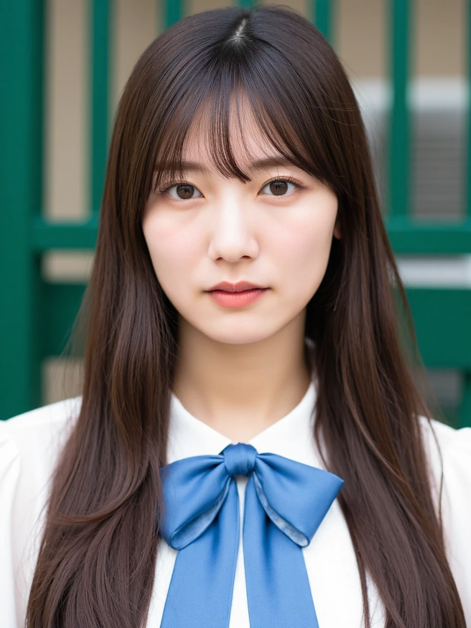 The image is a portrait of a young Asian woman named kawata with long, straight hair. She is wearing a white collared shirt with a blue bow tie around her neck. The background is blurred, but it appears to be an outdoor setting with a green fence. The woman is looking off to the side with a serious expression on her face. Her hair is styled in loose waves and falls over her shoulders. The overall mood of the image is serious and contemplative.