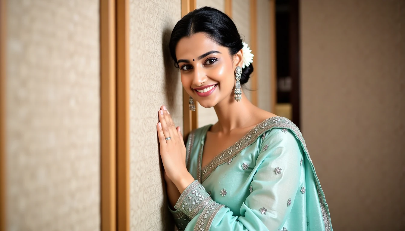 meencohwx , with a light-medium complexion and dark hair styled in a braided updo.  She wears a light teal/turquoise silk saree, featuring a subtle floral pattern and a metallic silver/bronze brocade texture. The saree's drape and pleats are meticulously detailed.  A sleeveless, back-open blouse complements the saree,  accentuated by subtle embellishments.  The blouse has delicate details that match the saree's color and texture.  She wears a delicate white flower hair ornament and silver/gold earrings. Her expression is warm and inviting, a gentle smile showcasing even teeth.  The background is a soft, beige/tan patterned room divider, creating a sophisticated backdrop.  The lighting is balanced, with a soft glow highlighting her features and the details of her attire.  The perspective is a slightly low-angle, focusing on her from a three-quarter view, showcasing her elegant pose and attire.  The overall atmosphere is one of grace and femininity.  The image has a sophisticated,  aesthetic feel, reminiscent of traditional Indian fashion photography.