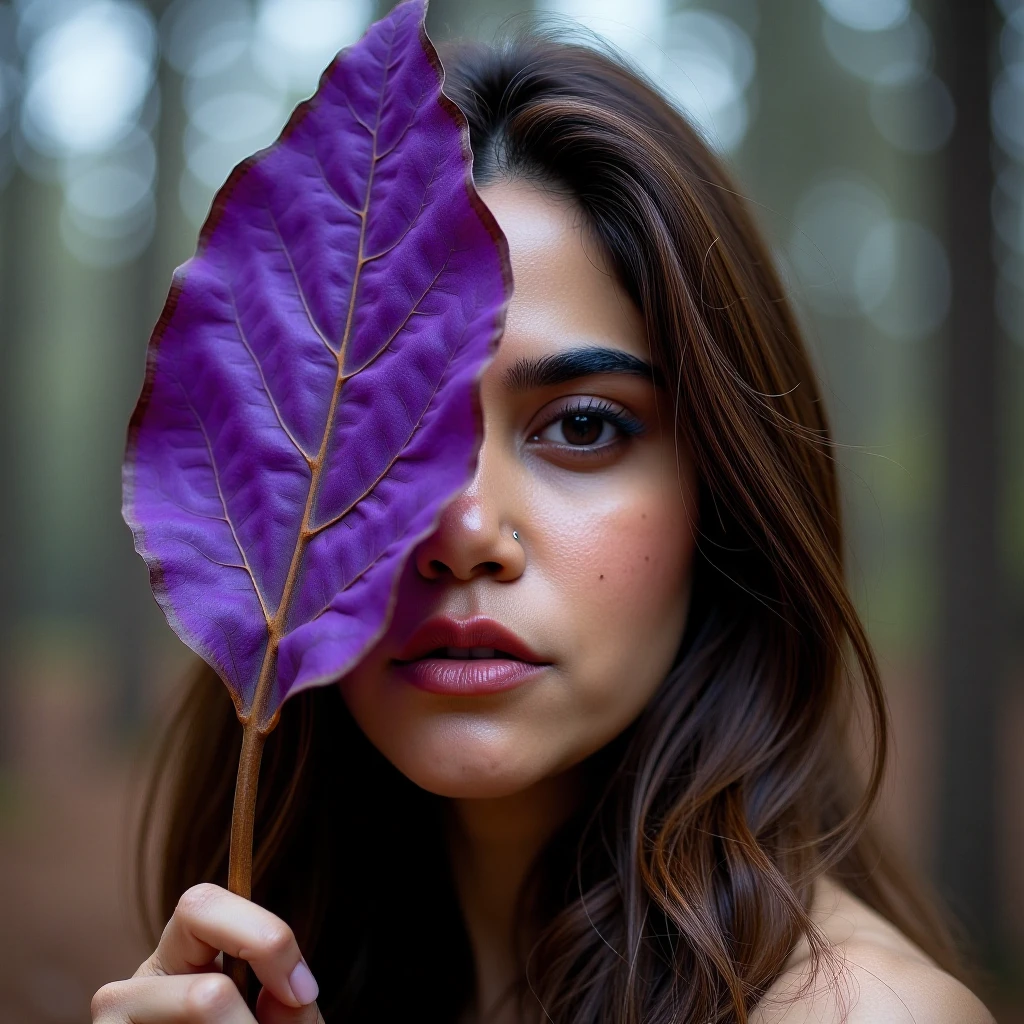 Close-up portrait of aditipoukohwx with long hair, partially covering one eye with a large, dried banyan leaf.  Her skin is fair , her eyes are partially visible, and her expression is serene, almost pensive. She has a small nose piercing and her lips are softly parted.  The leaf is a rich, fluorescent purple with visible veins and delicate, slightly jagged edges. The background is blurred, suggesting a shallow depth of field, with muted greys and greens typical of an autumnal forest setting. The overall lighting is soft and diffused, casting a warm, grey hue on the subject. The mood is contemplative and melancholic, with a hint of autumnal mystery. The style evokes a sense of natural beauty and intimacy, reminiscent of fine art portraiture with a focus on detail and subtle color gradations.  The image is composed in a medium shot, with the woman slightly off-center, creating a balanced yet intimate visual narrative.