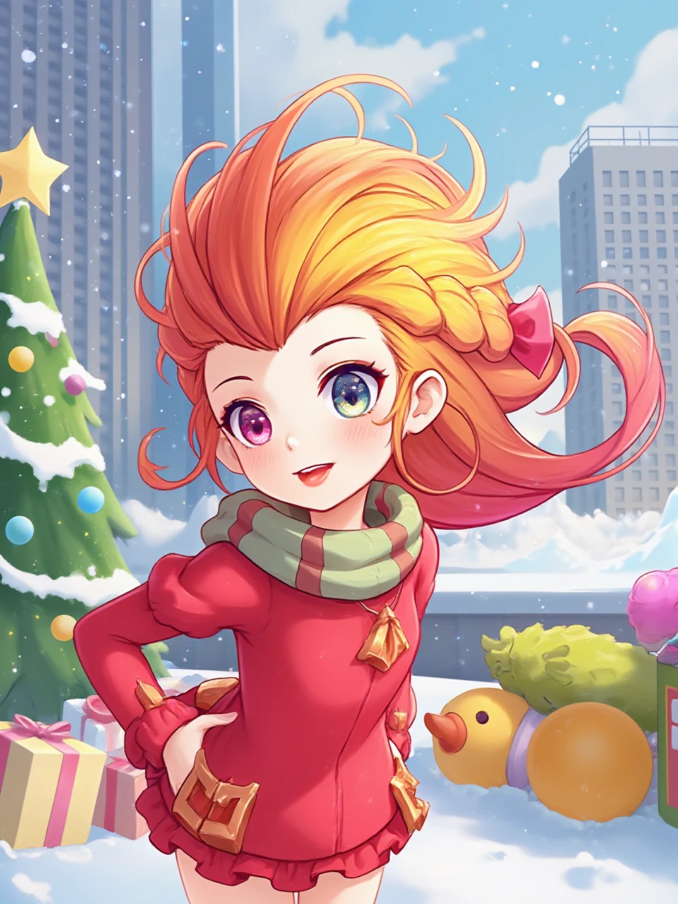 1girl,zoe,heterochromatic pupil,yellow and red hair,city,Christmas tree,gifts,snow,sweater