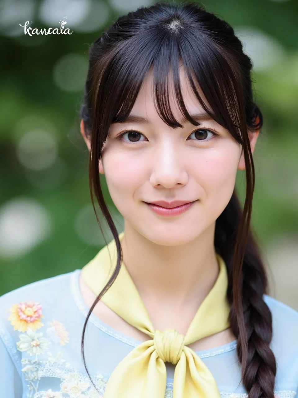 The image is a close-up portrait of a young Asian woman named kawata. She has shoulder-length dark hair with bangs that are styled in a messy bun. She is wearing a light blue and yellow floral blouse with a yellow scarf tied around her neck. The woman is looking directly at the camera with a slight smile on her lips. The background is blurred, but it appears to be an outdoor setting with trees and greenery. The lighting is soft and natural, highlighting the woman's features.