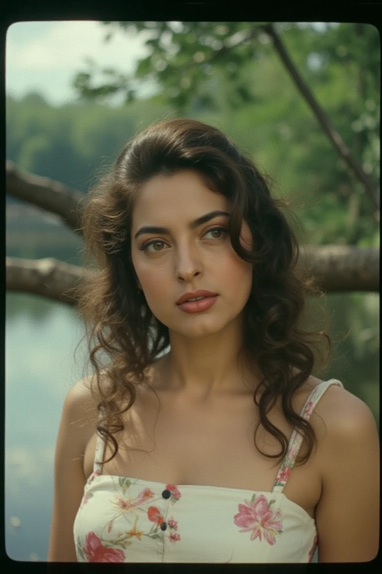 A captivating 35mm film shot unfolds, and the camera captures a beautiful woman stands in a natural setting, her hair cascades down to her shoulders. She is dressed in a white floral dress. The woman's eyebrows are a darker shade of brown, and she is looking off to the side. To the right of the woman, a tree branch stretches out, providing a natural backdrop to the scene.