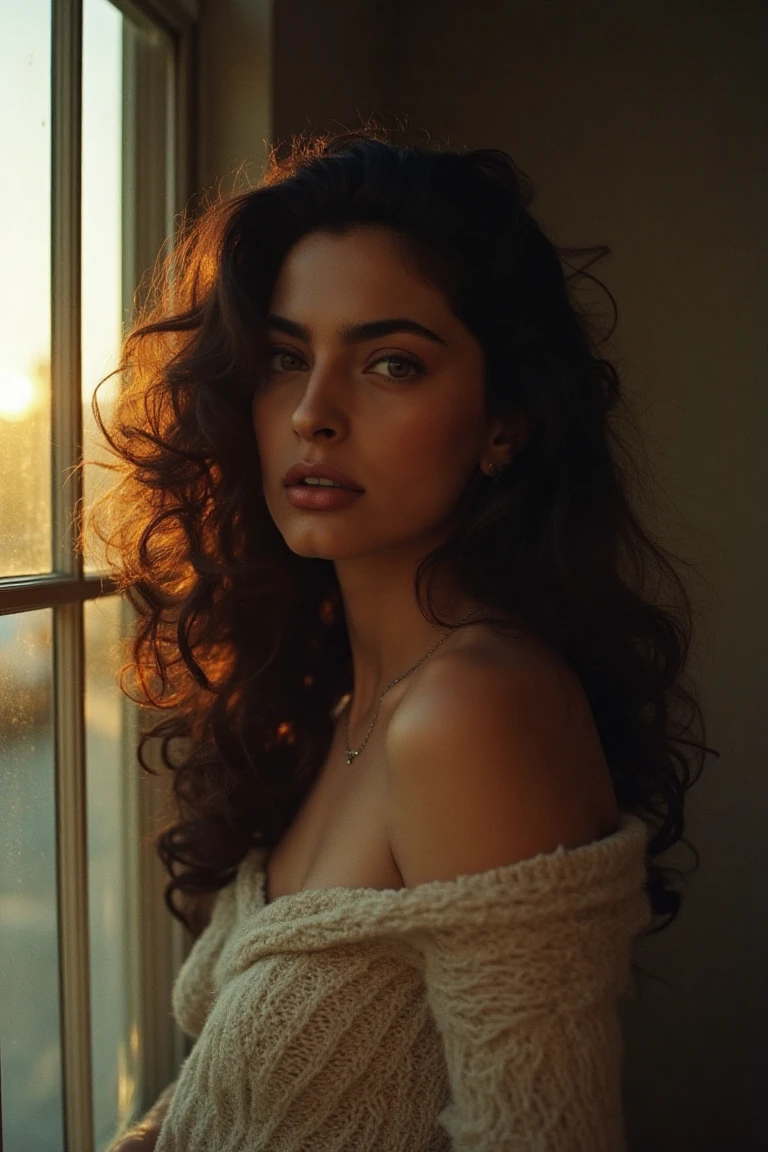 juhiflx, a woman has voluminous hair that frames her face in a soft, effortless manner. Her skin is medium-toned, with a natural, warm complexion. Her eyes, though partially shadowed by the lighting, convey a mix of introspection and quiet curiosity. Her lips are natural, with a subtle hint of color that complements her overall understated, elegant look.
She is wearing an loose sweater, with one side of the top loosely hanging off, giving a casual and laid-back feel to her outfit.
She is standing beside a window through which the evening sun is emitting light patterns.
The overall mood she portrays is one of quiet contemplation.