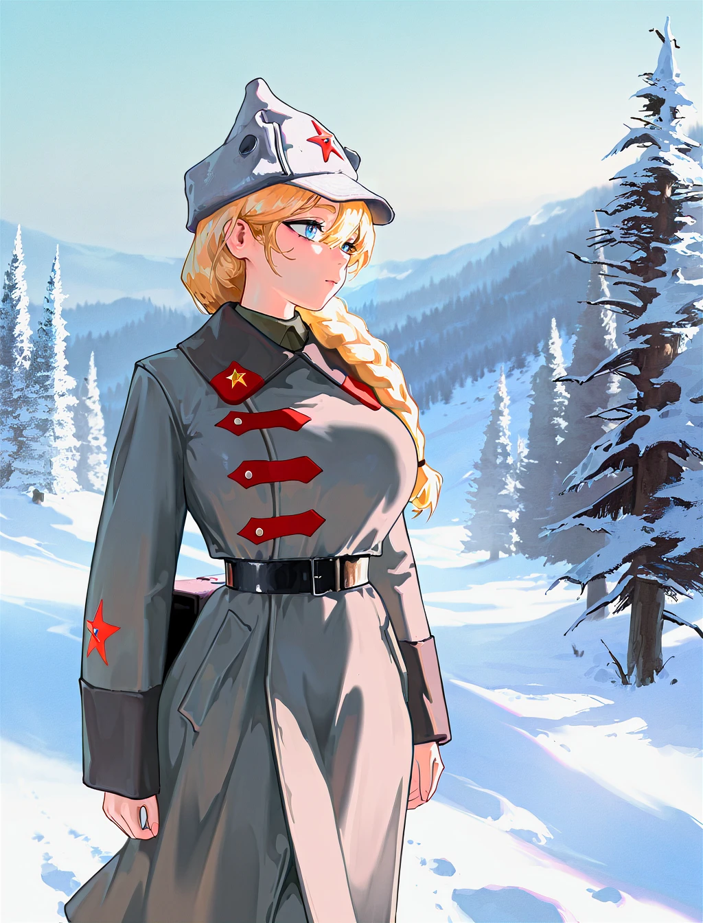 amazing quality, 1girl, solo, blond hair, long thick braid, big breasts, blue eyes, curvy, (plump:0.6), large breasts, outdoors, snowy forest, <lora:glavakolhoza_redarmywinter:1>,  glavakolhoza_redarmywinter, military uniform, gray military coat, three clasps, headwear, budenovka, red star \(symbol\) on hat, (red elements:1.1), walking, scenery, masterpiece, best quality, good quality, newest ,very aesthetic, absurdres, (snegovski:0.855), (mamimi \(mamamimi\):0.8),[(dino \(dinoartforame\):1.2), niri \(eunhaha02\),(nyong nyong:0.8),(nat the lich:1.2)]