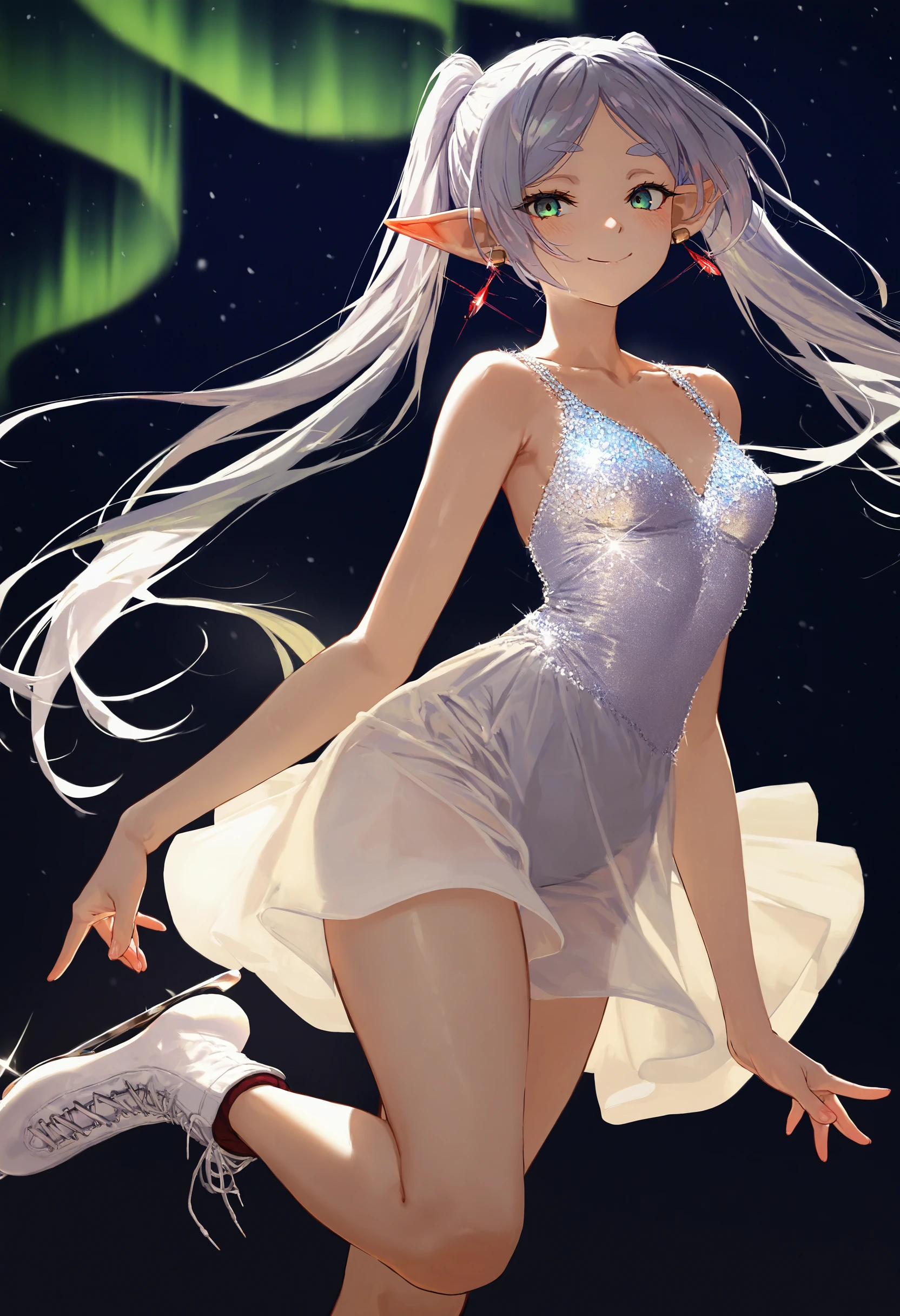 by [lack|fuzichoco|lam|kinta \(distortion\)|wlop|quasarcake|nixeu|happoubi jin|miyajima reiji],
aurora, ice skating, ice skates, 1girl, frieren, solo, looking at viewer, leotard, smile, breasts, standing on one leg, white dress, white footwear, collarbone, blush, leg up, white hair, sequins, glint, sparkle, glint, snow, backlighting, moonlight, night sky,
impasto, vignetting, chiaroscuro, very awa, masterpiece, best quality, very aesthetic, absurdres
<lora:illustrious_noobai_epsilon_pred_11_winter_collection_v11:1>