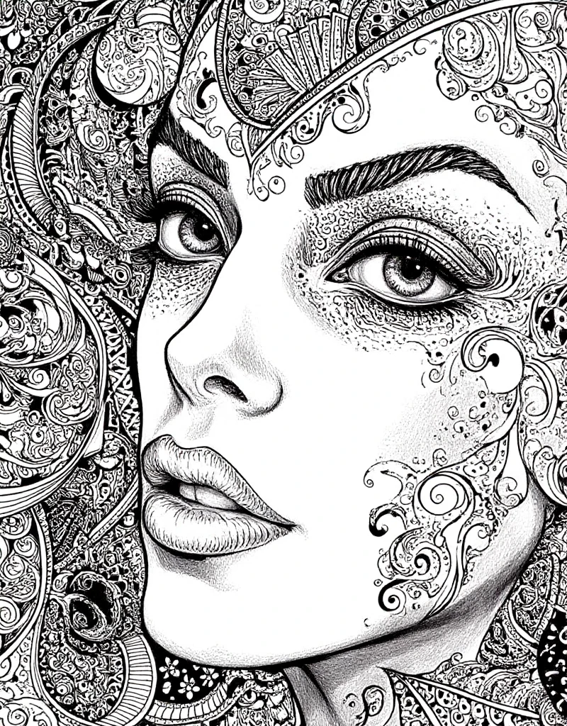 <lora:Zentangle_Style:0.9> zentangle style, a woman closeup face portrait