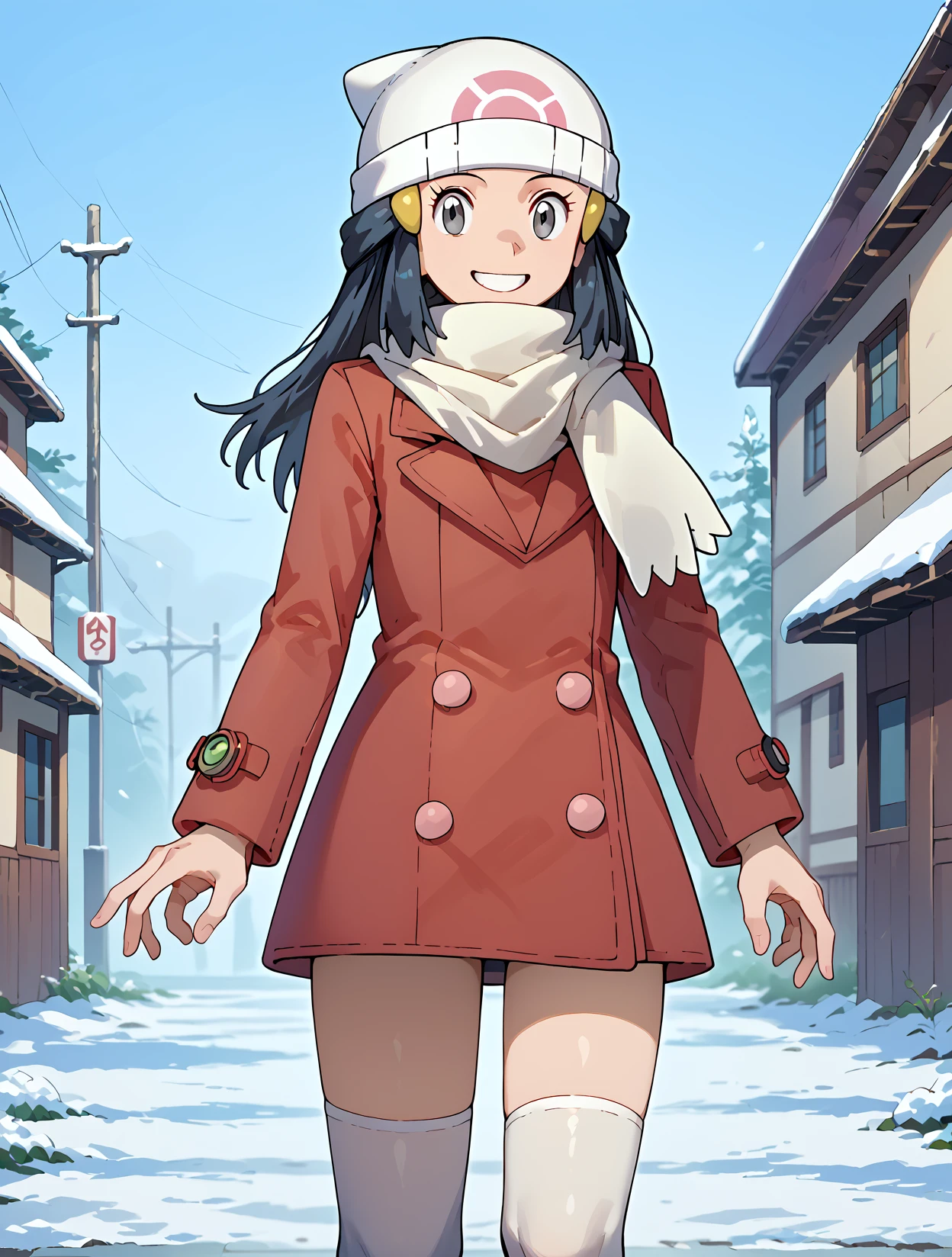 Standing, arm extended in a stop gesture, Close Up, solo, 1girl,  smile, <lora:DawnPony:1> Dawn_Platino, long hair, black hair, grey eyes,  hair ornament, beanie, white headwear, white scarf, red coat, buttons, long sleeves, white thighhighs, boots, pink footwear,, score_9, score_8_up, score_7_up,