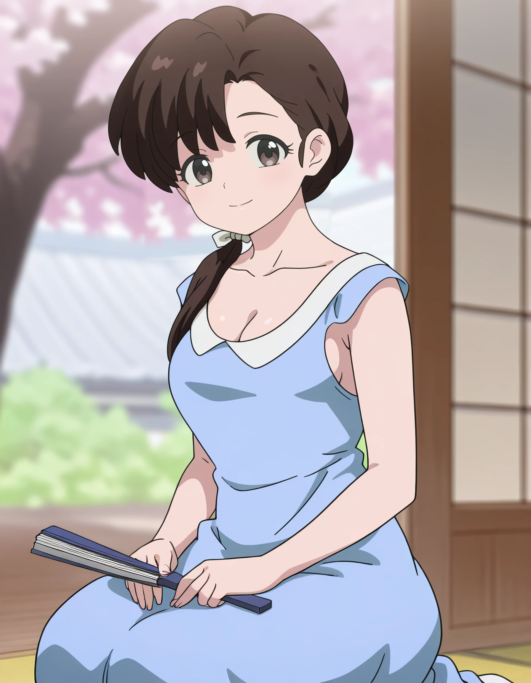 masterpiece, best quality, amazing quality, <lora:ranma_½_il:1>kasumi, long_hair, brown_hair, low_ponytail, brown_eyes, sleeveless, blue_dress, by_sasaki_(ssk8083), looking_at_viewer, solo, blurry_background, sideboob, seiza, 1girl, sitting, holding, smile, collarbone, blurry, holding_fan, large_breasts, folding_fan, cherry_blossoms, hand_fan, cleavage, breasts