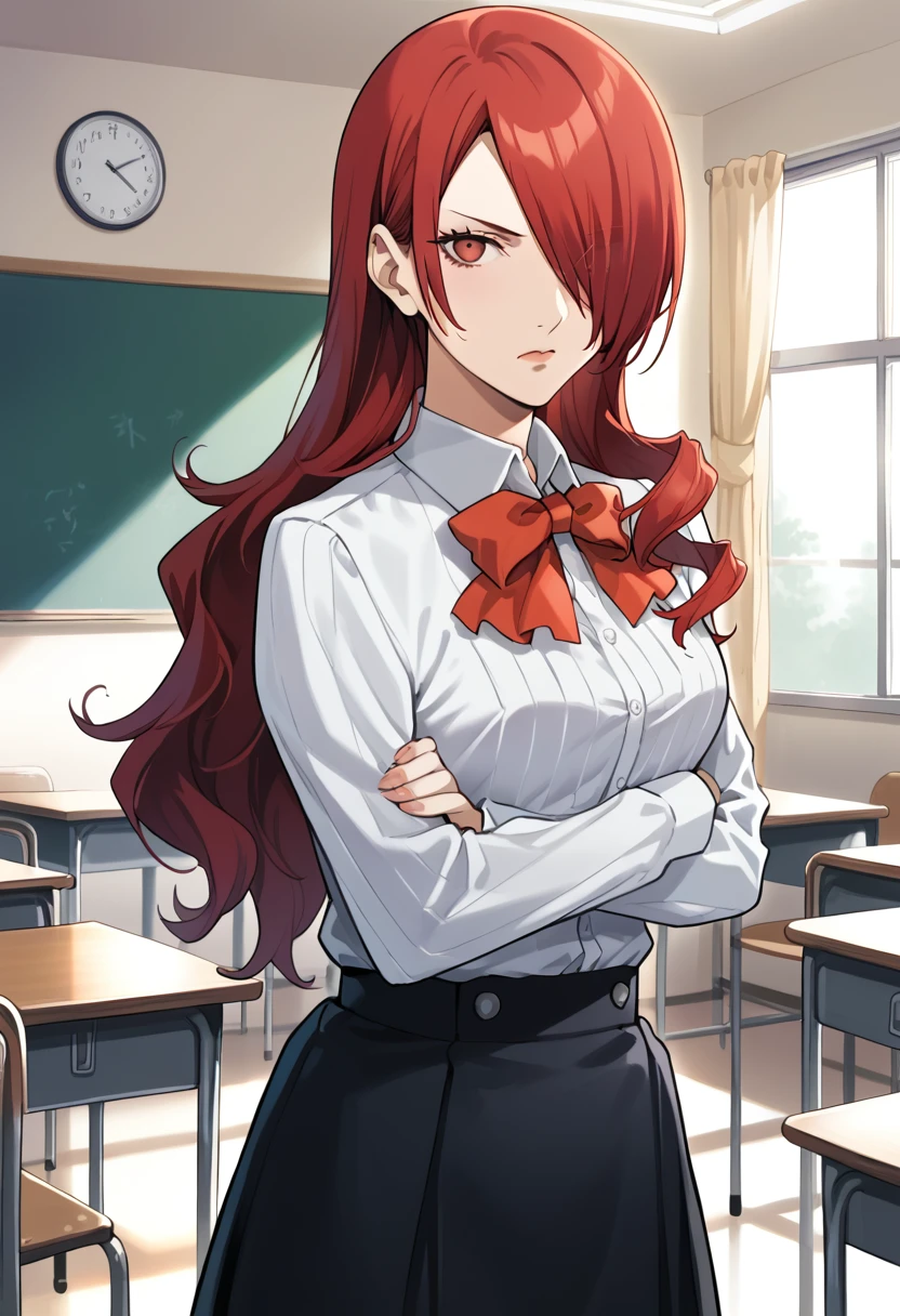 score_9, score_8_up, score_7_up, (source_anime), 1 girl, solo,
p3mitsuru, long hair, hair over one eye, white shirt, red bowtie, black skirt, gekkoukan high school uniform, 
arms crossed, (scowl:0.8), looking at viewer,
indoors, classroom,
masterpiece, best quality, ultra detailed, absurdres, very aesthetic