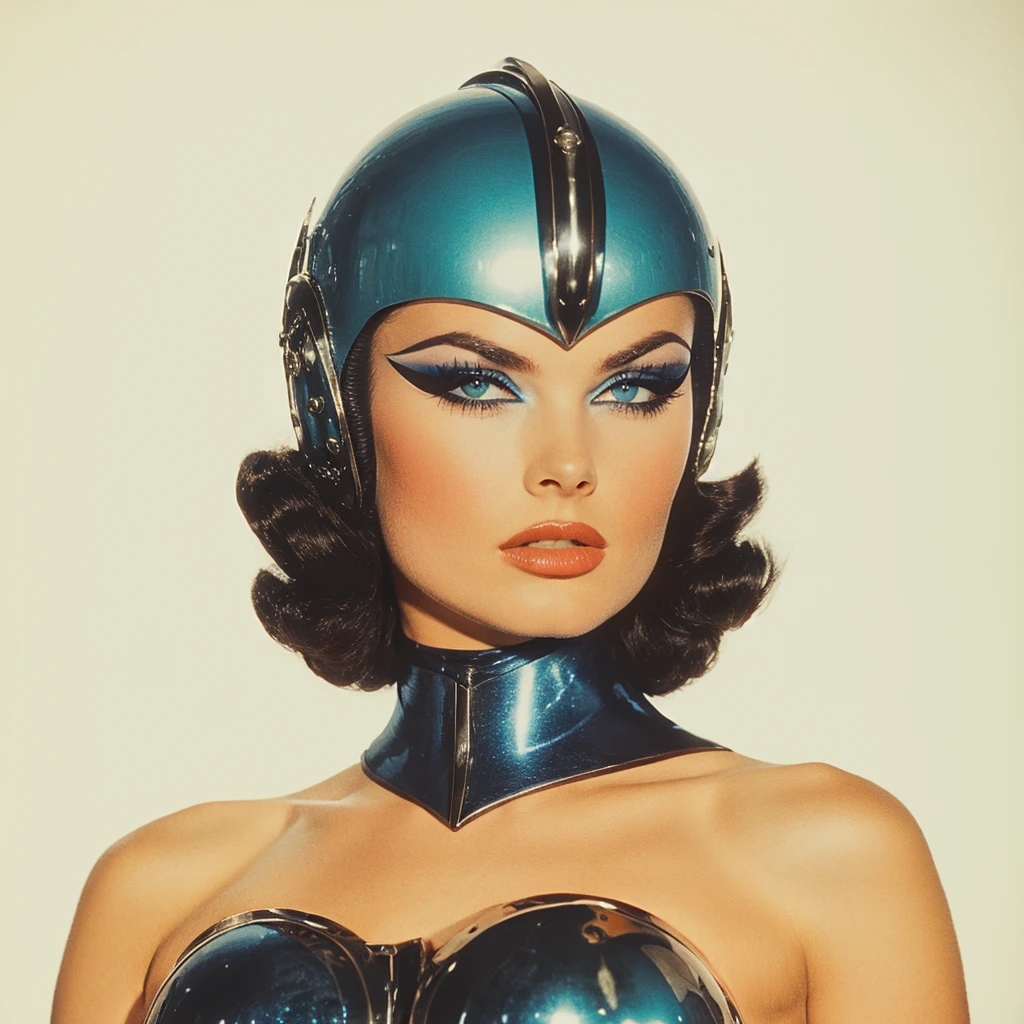 <lora:40sTechnicolorCyberpunk:1> ArsMovieStill, movie still from a technicolor 1940s cyberpunk film, The image shows a woman wearing a black dress and a blue helmet with a white background. Her face is clearly visible with her eyes looking directly at the viewer., 1girl, solo, makeup, eyeshadow, blue eyes, looking at viewer, lipstick, portrait, bare shoulders, helmet